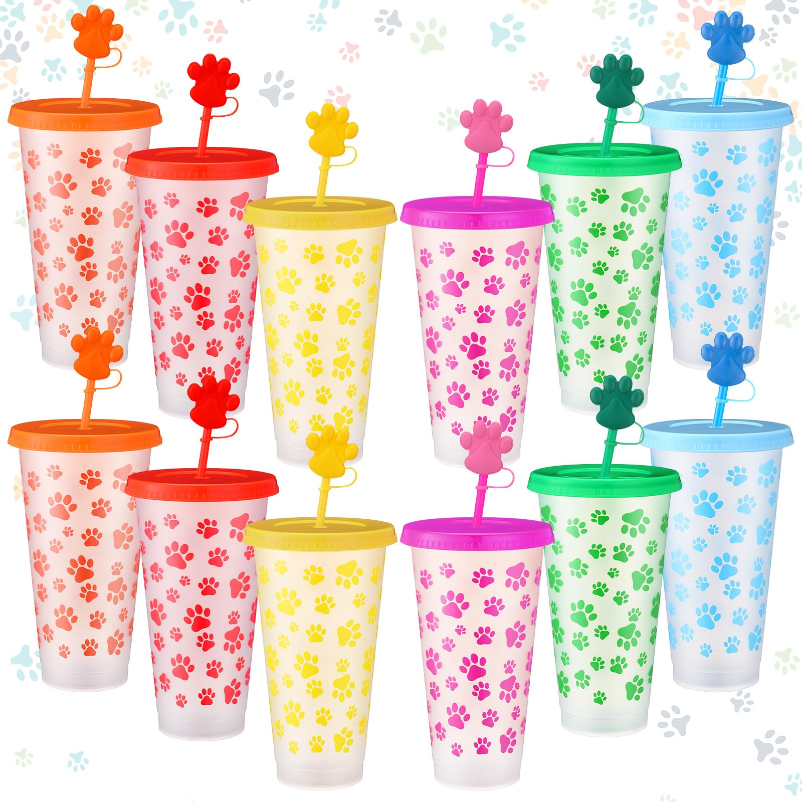 Jingmore 12 Sets Dog Paw Party Plastic Cups with Straw and Lid Straw Stoppers 24 oz Plastic Tumblers Cute Print Puppy Drinking Cup Bulk for Vet Tech