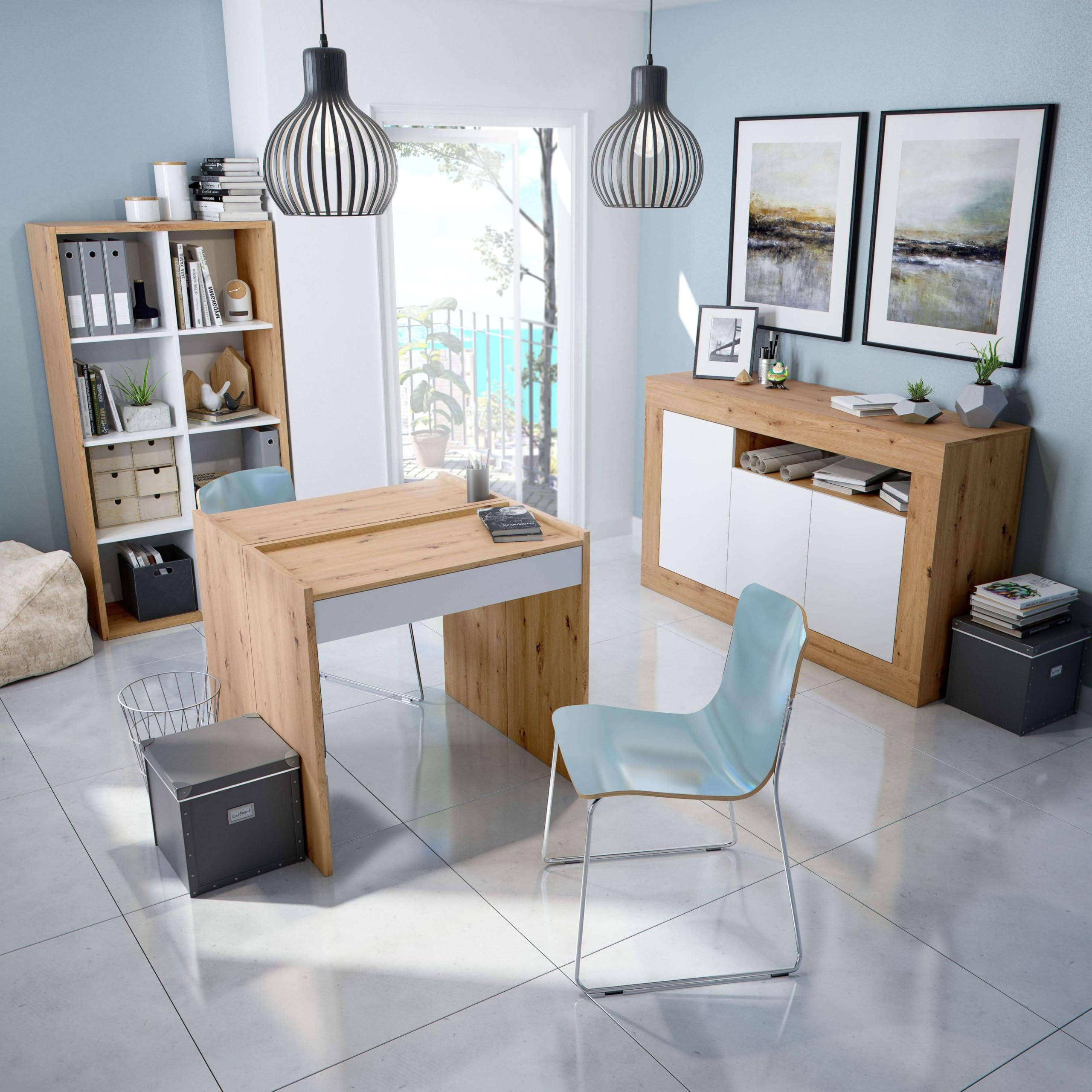 Habitdesign Aparador 3 Puertas, Buffet para Salon, Armario Auxiliar, Modelo Baltik, Acabado en Color Blanco Artik y Roble Nodi, Medidas: 144 cm (Ancho) x 87 cm (Alto) x 42 cm (Fondo)