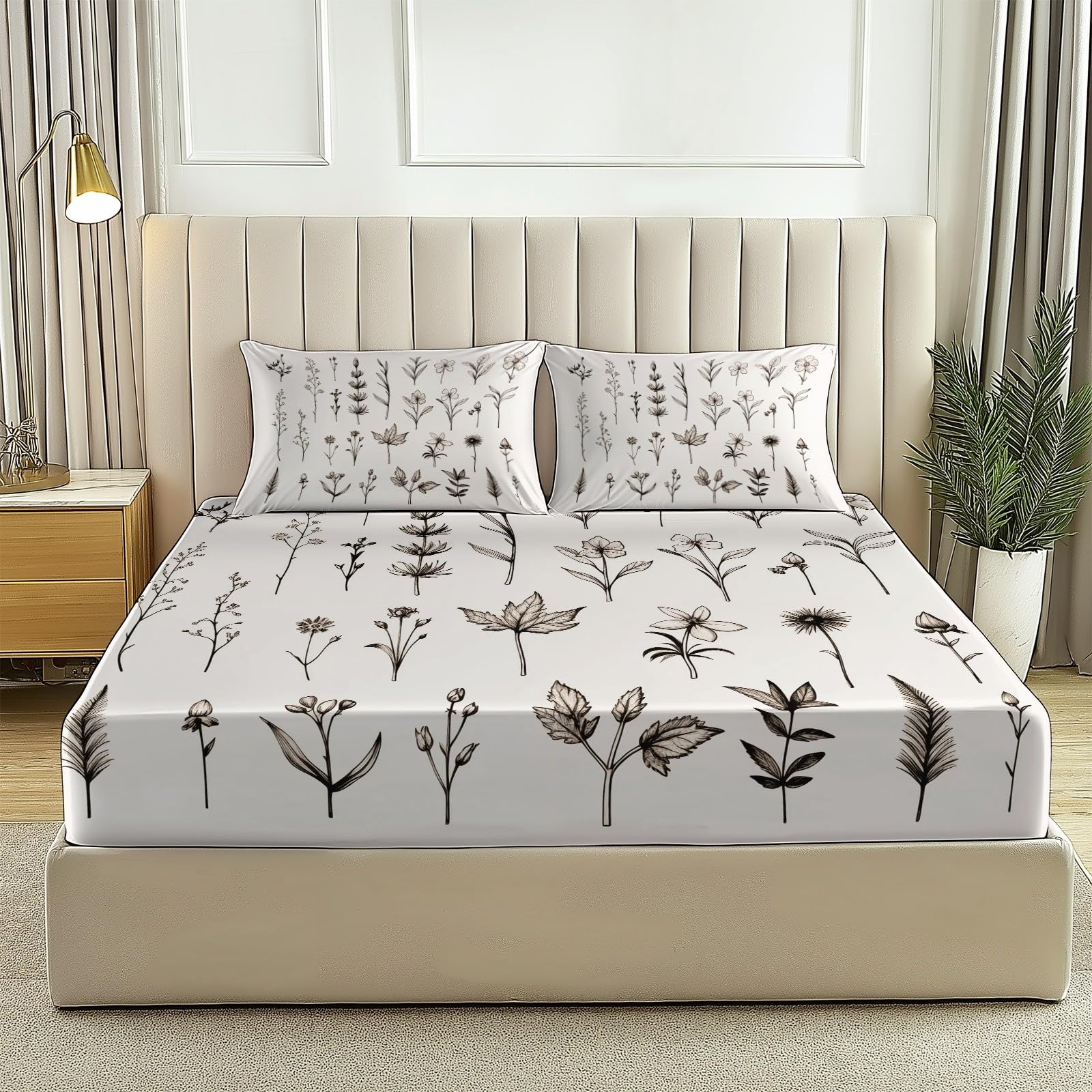 Set Lenzuola Con Angoli 3 Pezzi, Motivo Foglia Di Vite, Microfibra - Lenzuolo 90x190 Cm + 2 Federe 50x75 Cm, Tasche Profonde 30 Cm