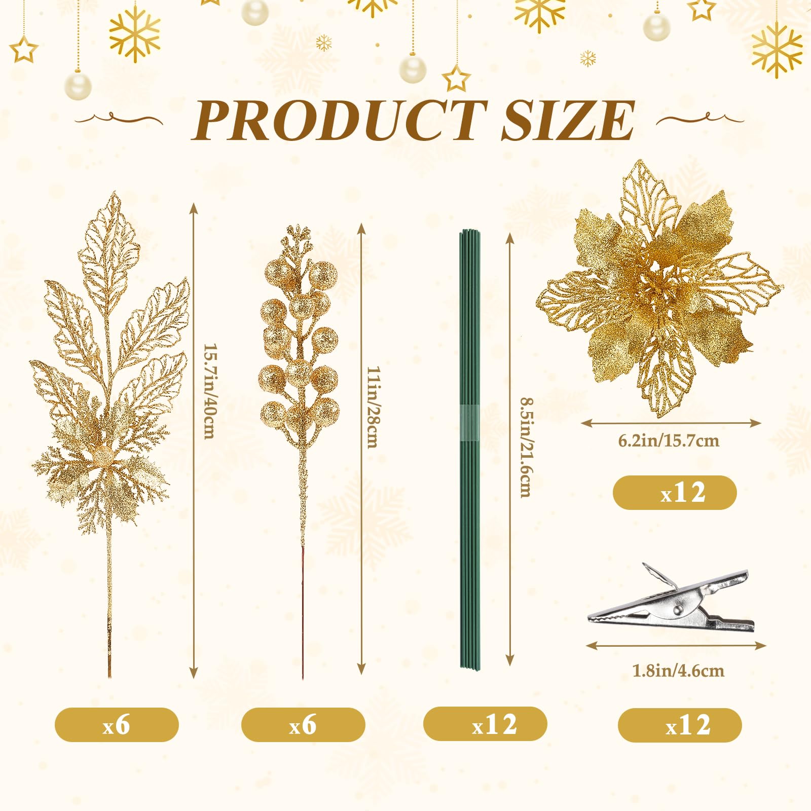 Alupssuc Künstliche Glitzer-Weihnachtsbaum-Picker, 12 Weihnachtssterne + 6 Beerenstiele + 6 Beerenblätter, Dekorationsset, für drinnen und draußen, goldfarben, 24 Stück
