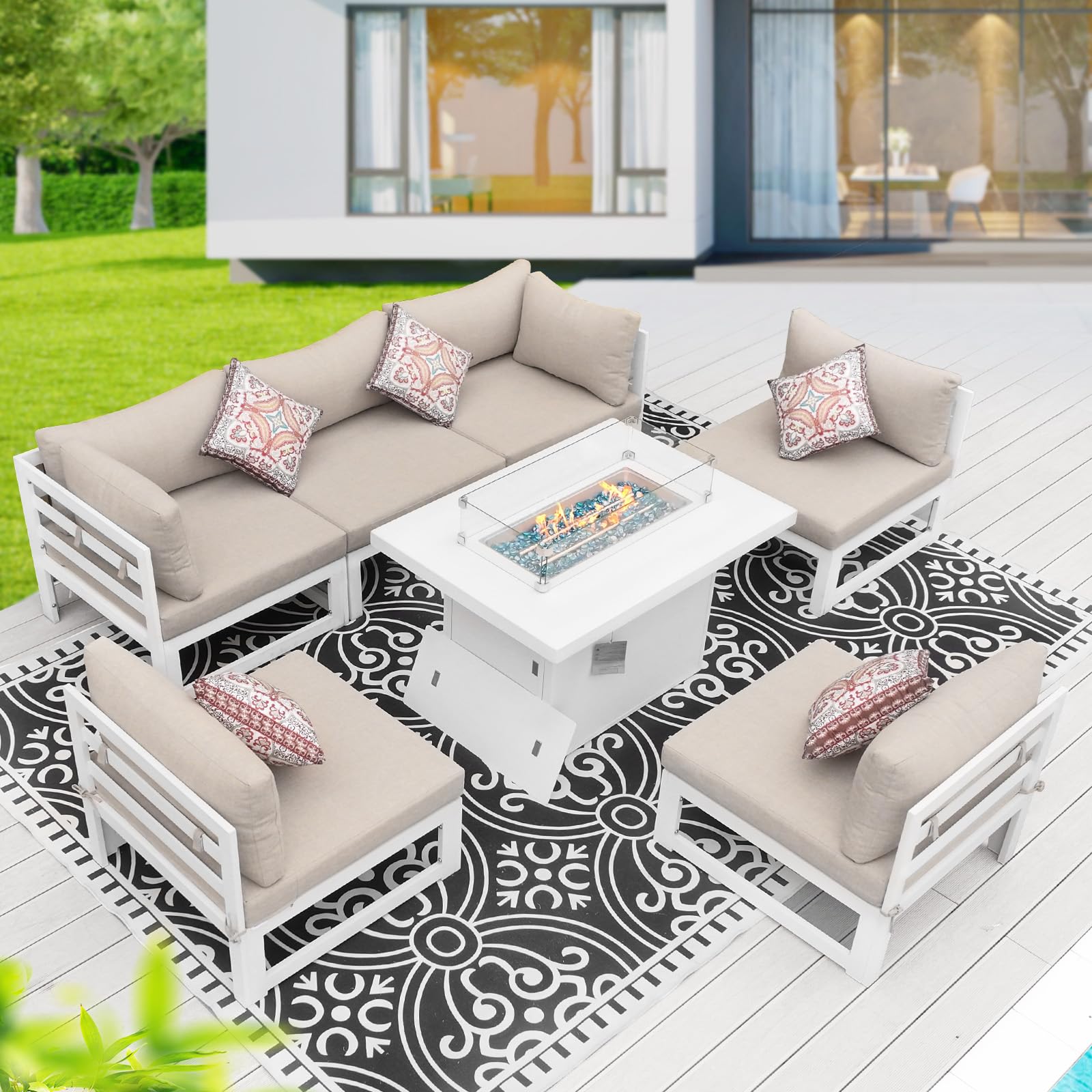 BULEXYARD 6 Seat Large Luxury Aluminum Patio Conversation Set with Fire Pit Table Propane/Gas, 29" Deep Wide U Shaped Sectional Couch, 500 lbs Heavy