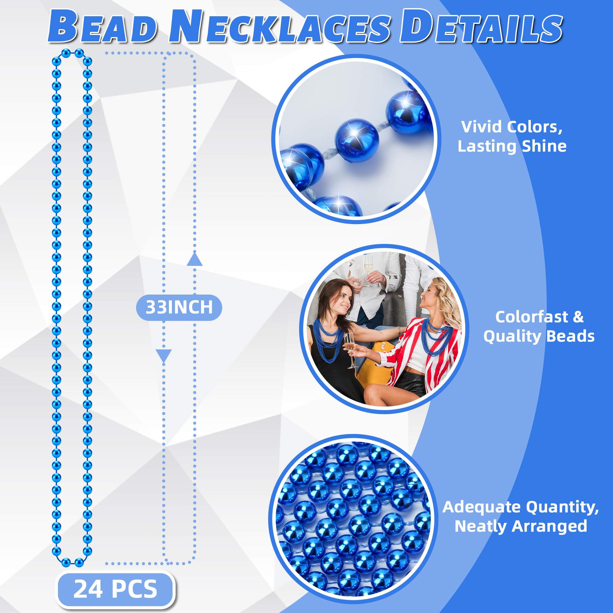 YAXINRUI YAXINRUI 24 PCS Blue Bead Necklaces, Blue Mardi Gras Christmas Bead Necklaces, 33 Inch Round Patriotic Necklace, Beads Party Favors for Mardi Gras Christmas 4th of July Festive Events in use