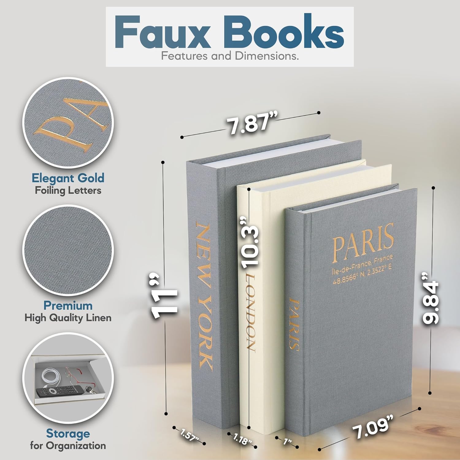 Faux Book Storage Box Set (Set of 3) – Decorative Faux Books with Hidden Storage for Coffee Table Decor, Bookshelf or Mantle – Linen Decorative Book Boxes – Aesthetic Decor for Homes