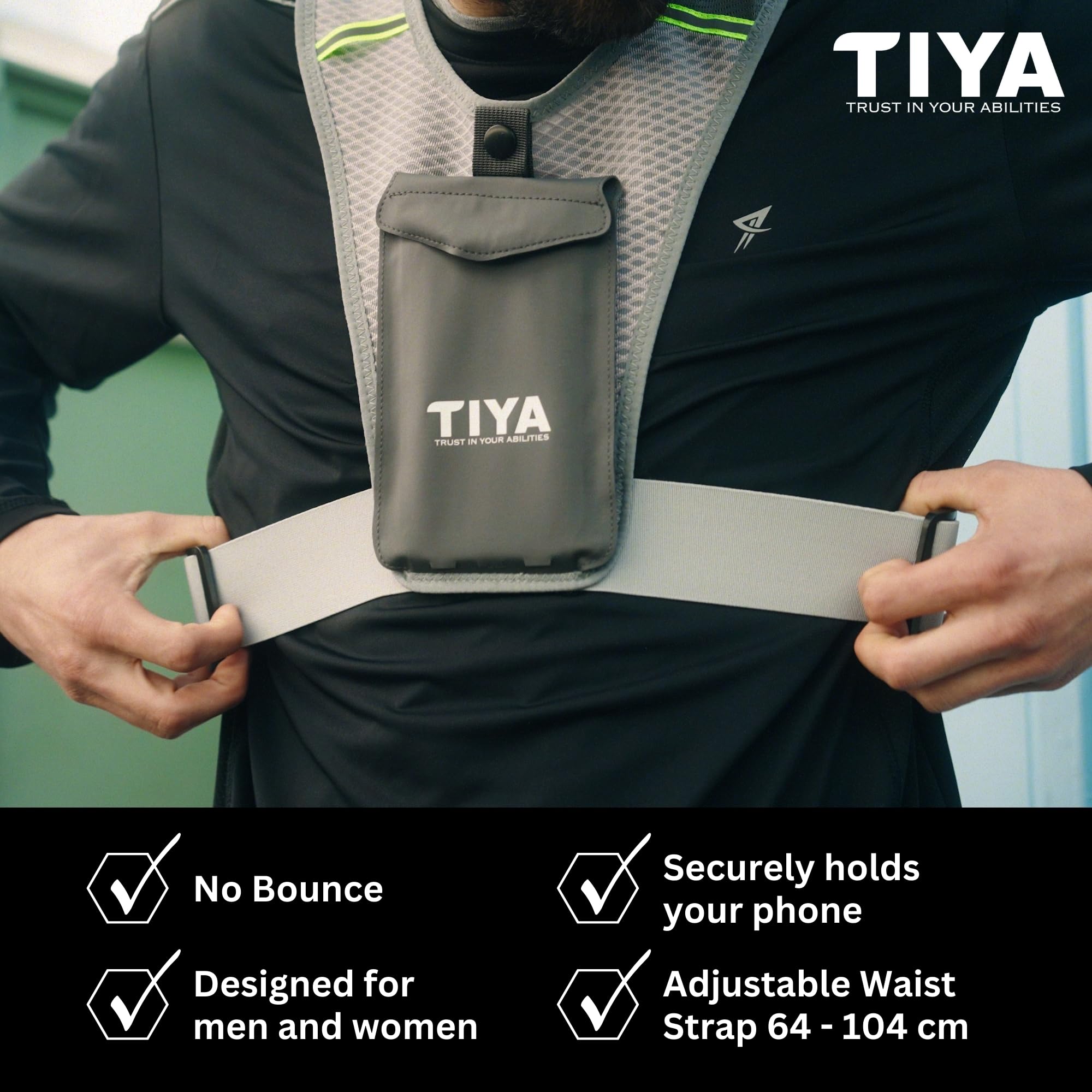 TIYA Running Vest Phone Holder with Light, Black/Yellow - Image 3