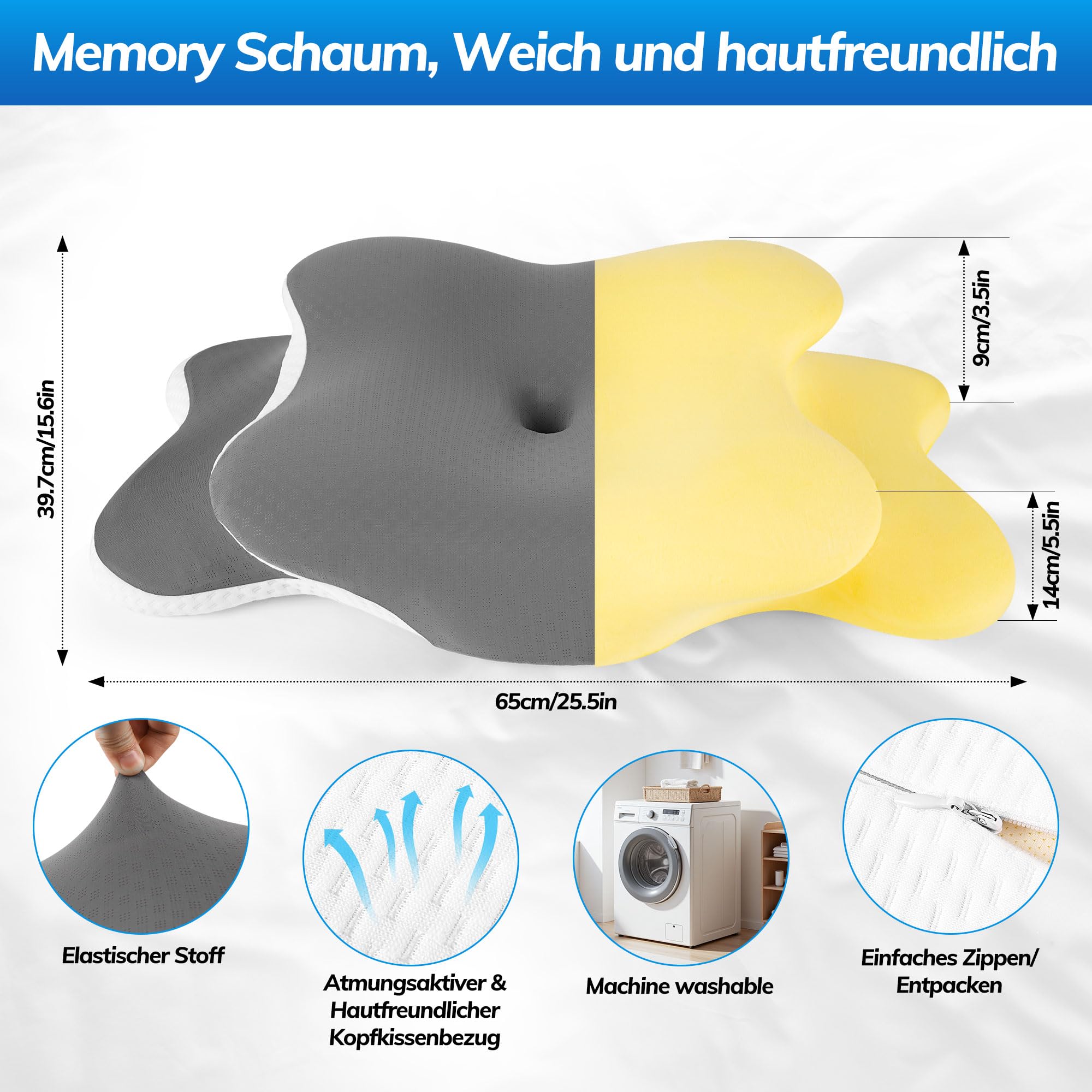 Sinand Cuscino Cervicale per Dormire, Cuscino Ergonomico in Memory Foam per Dolori al Collo e Spalle, Cuscino Ortopedico per Chi Dorme sul Fianco, Sulla Schiena e Sullo Stomaco con Fodera Rimovibile