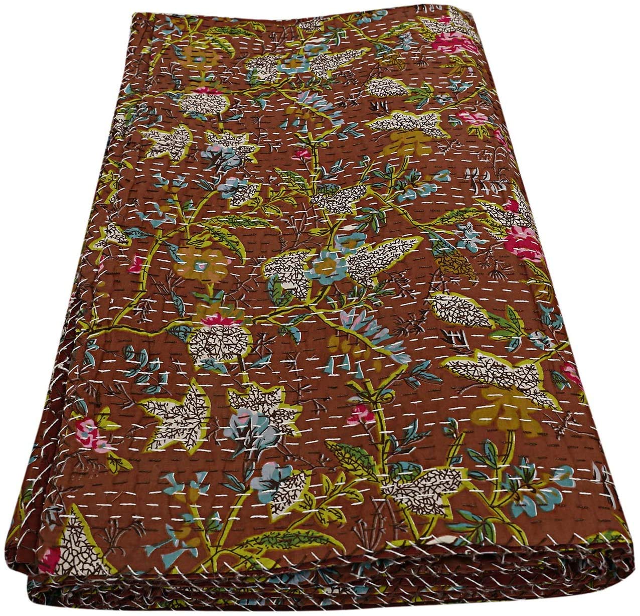 Sambhav Quilt HubQueen/Twin/King Brown Handmade Kantha Bird of Paradise Print Quilting Kantha Quilt Kantha Blanket Bed Cover Kantha Bedspread Bohemian Bedding Kantha Blanket Throw (90X108 inches)