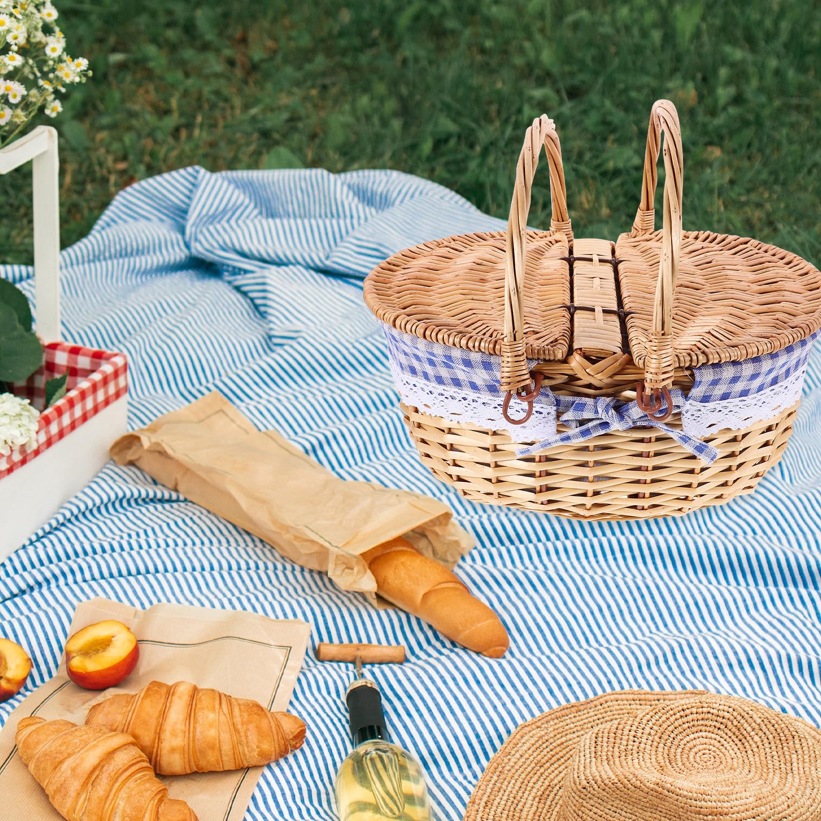Estilo Rústico, Cesta de Picnic de Mimbre con Tapa para Cocina