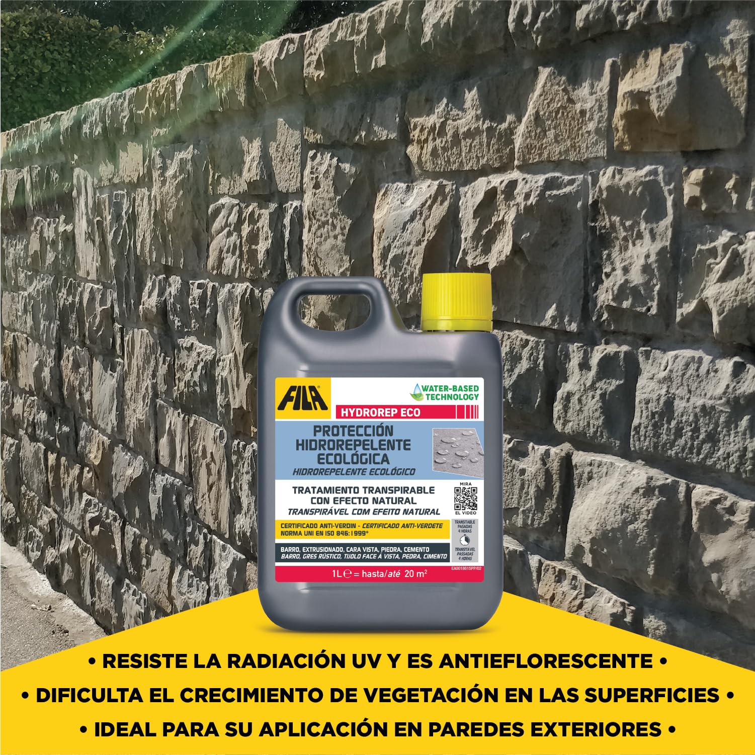 Hydrorep Eco, Hidrorepelente Ecológico Para Barro, Piedra, Gres Extrusionado, Ladrillos Cara Vista, Piedra Artificial, Cemento y Monocapa, 1L