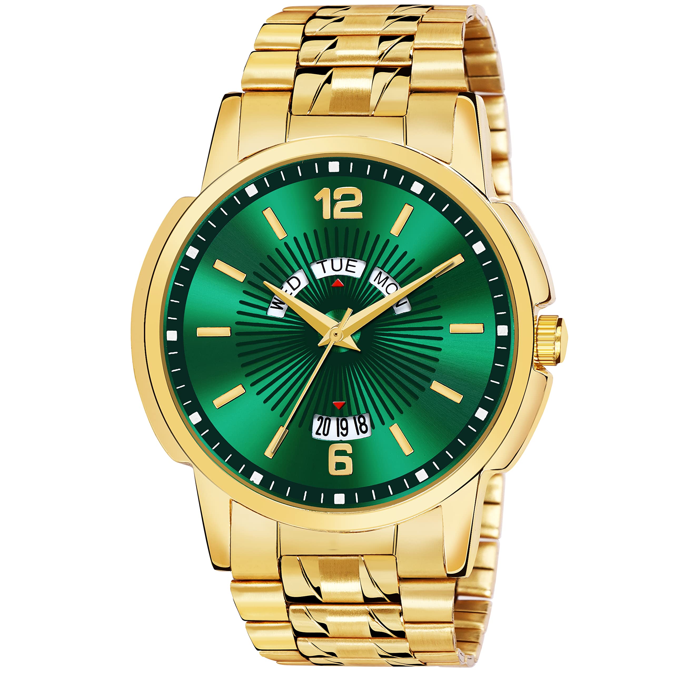 DHVANI ENTERPRIS Analog Multicolor Dial Day and Date Function Golden Stainless Steel Wrist Watch for Men (Green) (B0D6YR8QYS) Amazon Price History, Amazon Price Tracker