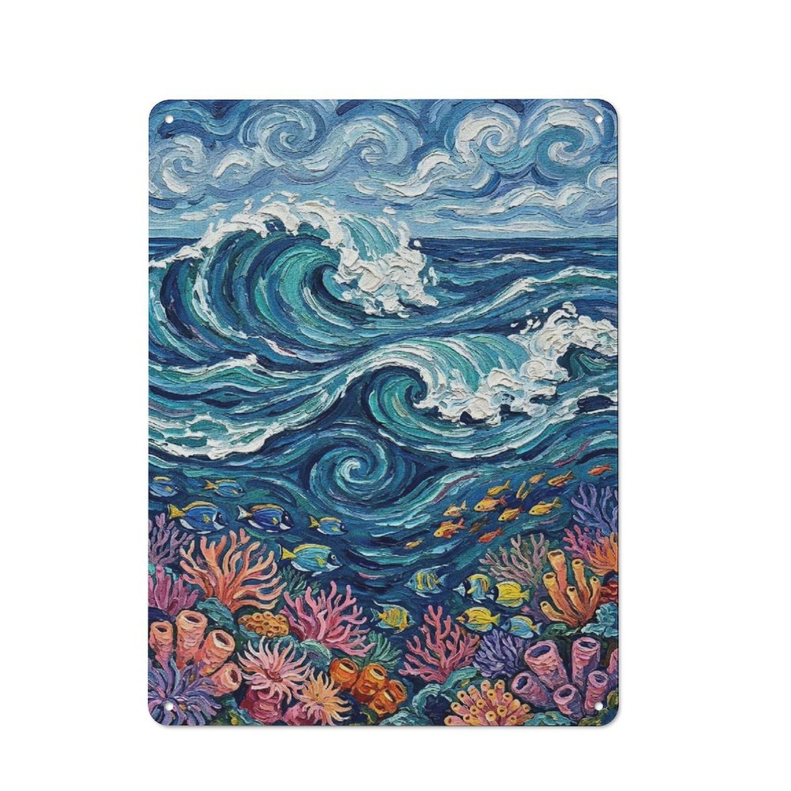 Junmoney Style-23 Metal Plaque With Ocean Wave And Coral Reef Painting Design 40X30cm, Rustic Cafe Wall Decor For Restaurant, Kitchen, Counter Or Breakfast Nook
