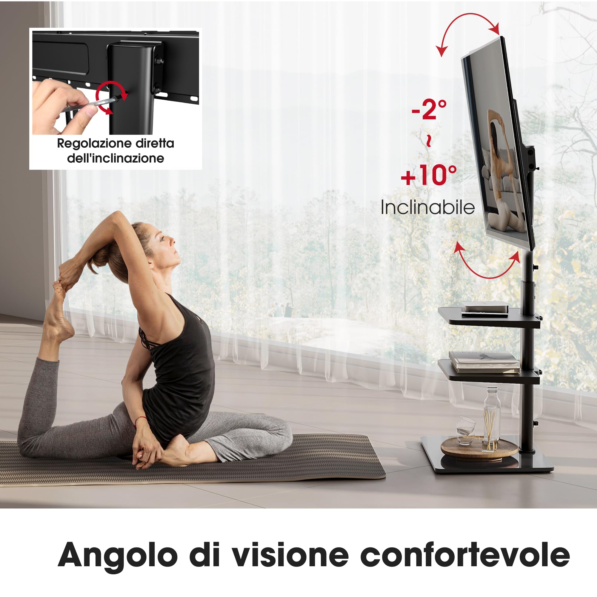 AOKCOS Supporto TV da Pavimento Inclinabile per 32-70 Pollici, Girevole Altezza Regolazione Porta TV da Terra con 2 Mensola, Max VESA 400x400mm 40kg