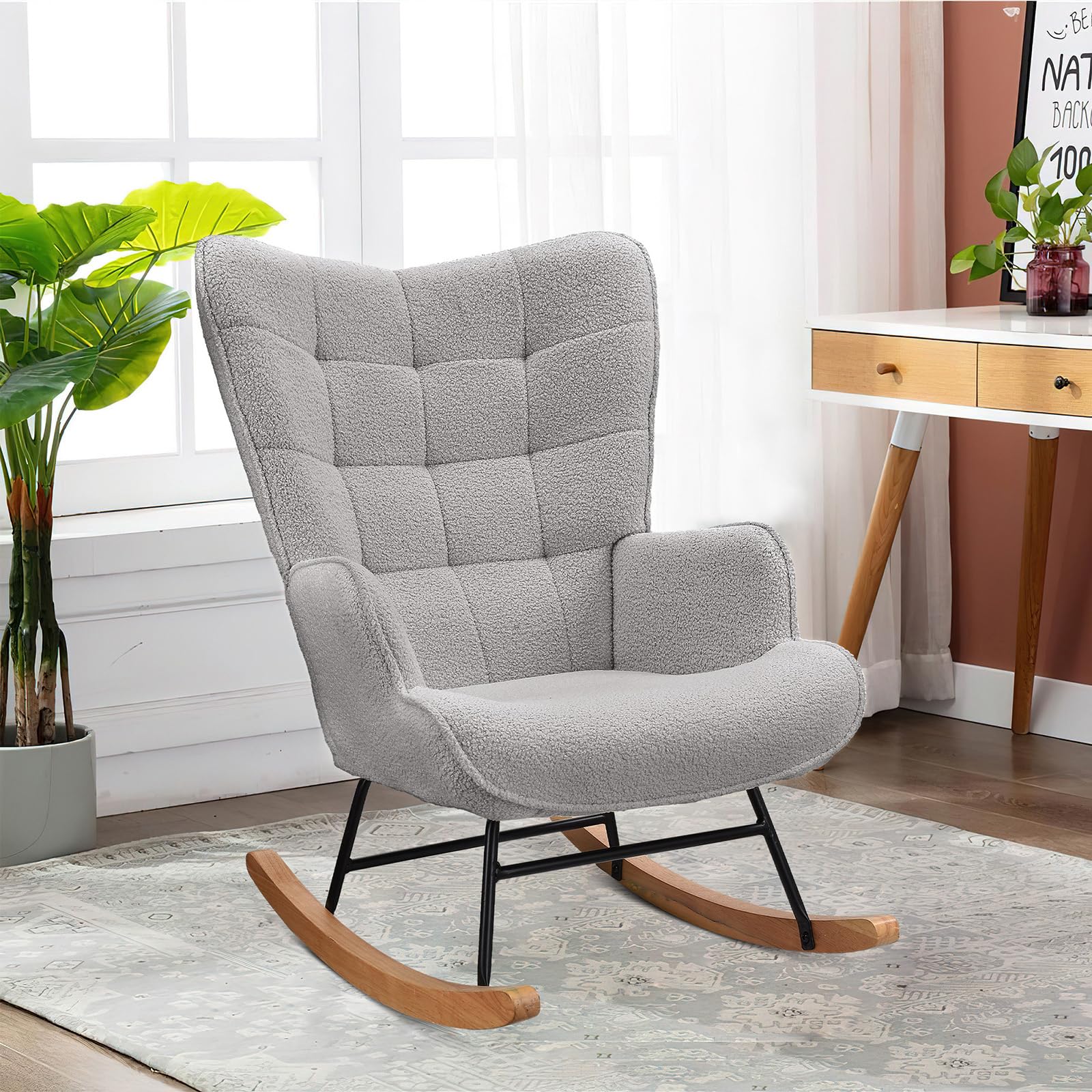 Fauteuil à bascule - Fauteuil de relaxation - En tissu peluche - Fauteuil à bascule - Fauteuil de salon - Structure en bois massif et métal - Avec dossier haut - Charge maximale : 130 kg -