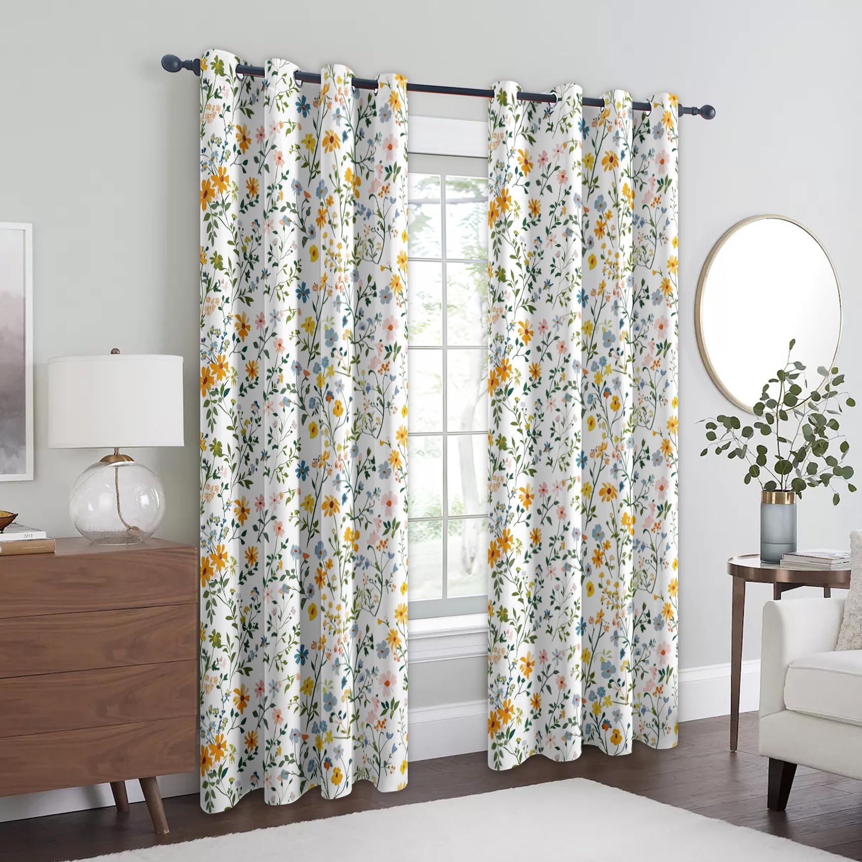 Générique Rideau Occultant Fleurs Sauvages, Lot de 2 Rideaux Occultant Thermique Isolant à Oeillets, Motif Ferme Floral Botanique, Decoration Chambre Salon Fenetre, 140 L x 180 H Rc4282