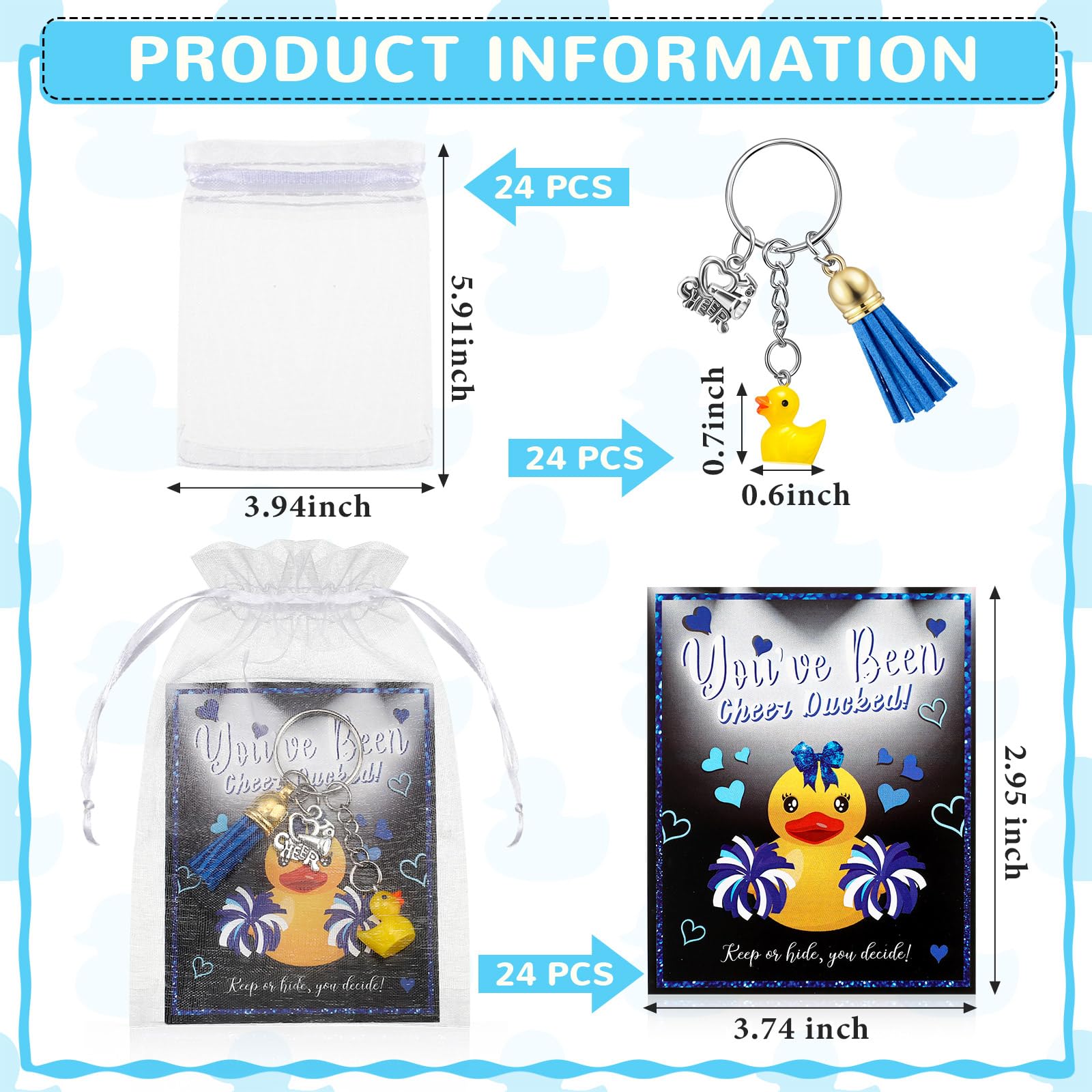 VercanMonth 24 Set Cheer Gifts 24 Duck Keychain 24 You've Been Cheer Ducked Cards with Bags for Cheerleader Competition Team(Blue)