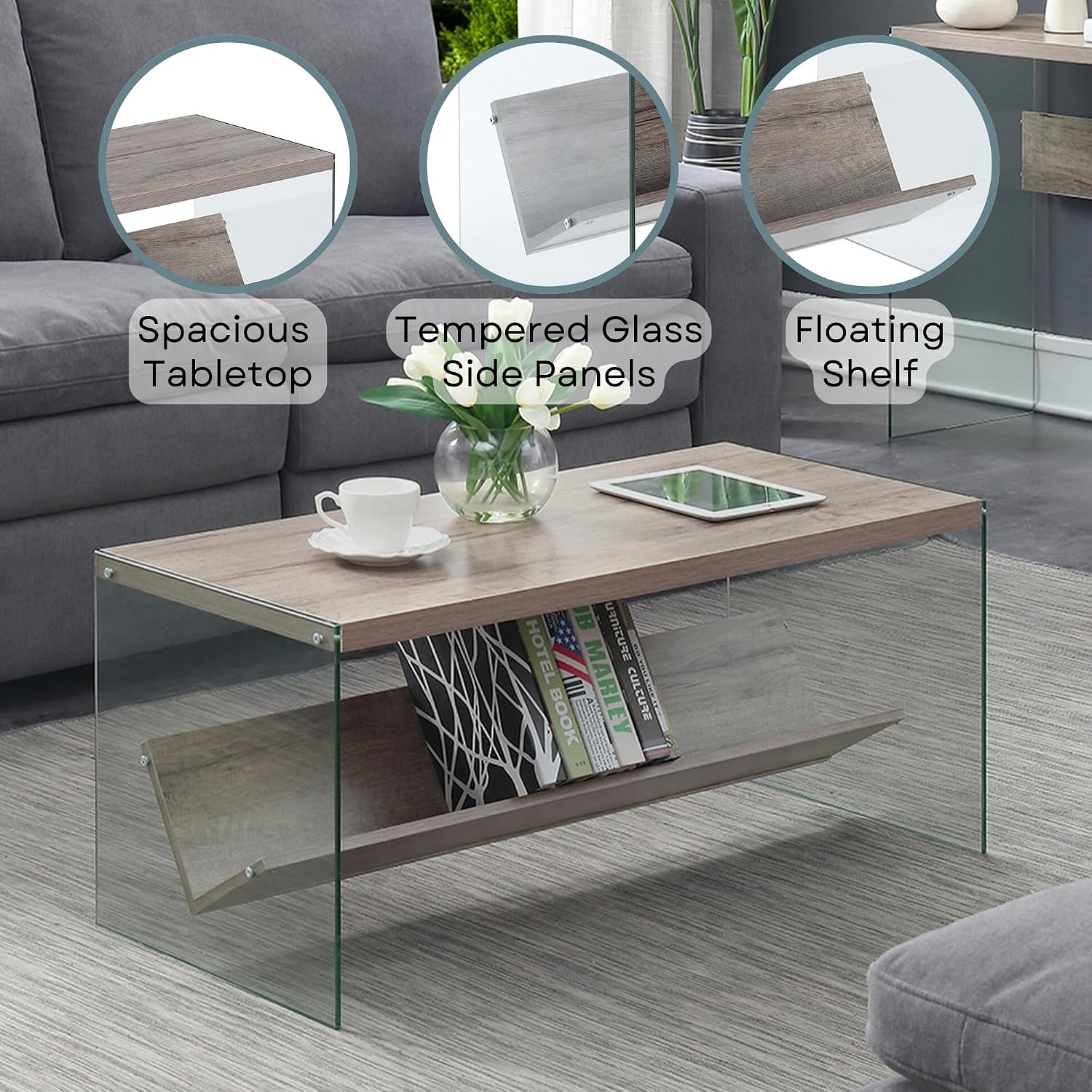 Convenience Concepts SoHo Glass Coffee Table 40" - Modern Living Room Table with Storage Shelf, Contemporary Coffee Table for Family Room, Sandstone