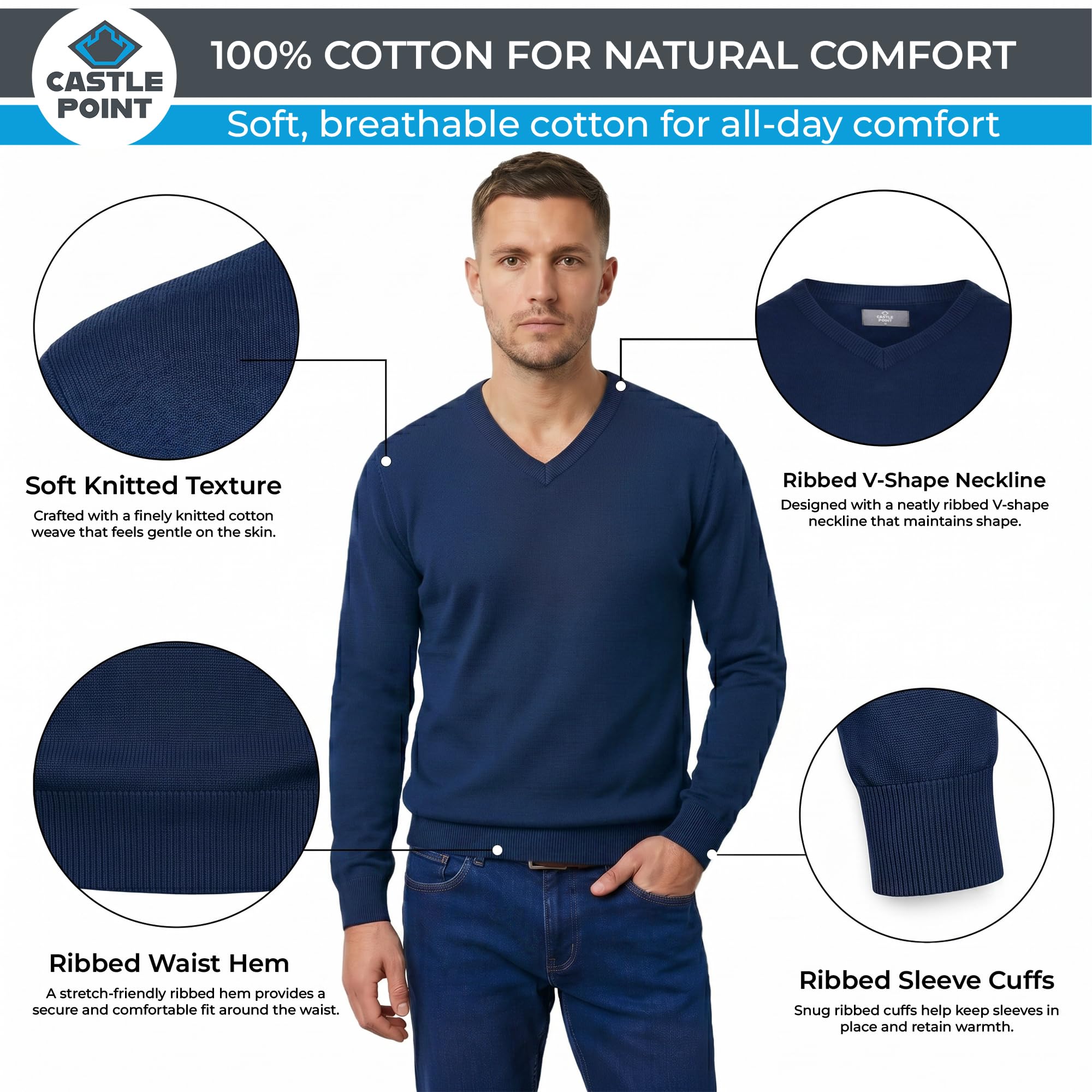 Castle Point Pull Homme 100% Coton Léger – Pull Tricot Col Rond ou Col V Pull Homme Coton Respirant Pull Léger Décontracté et Bureau