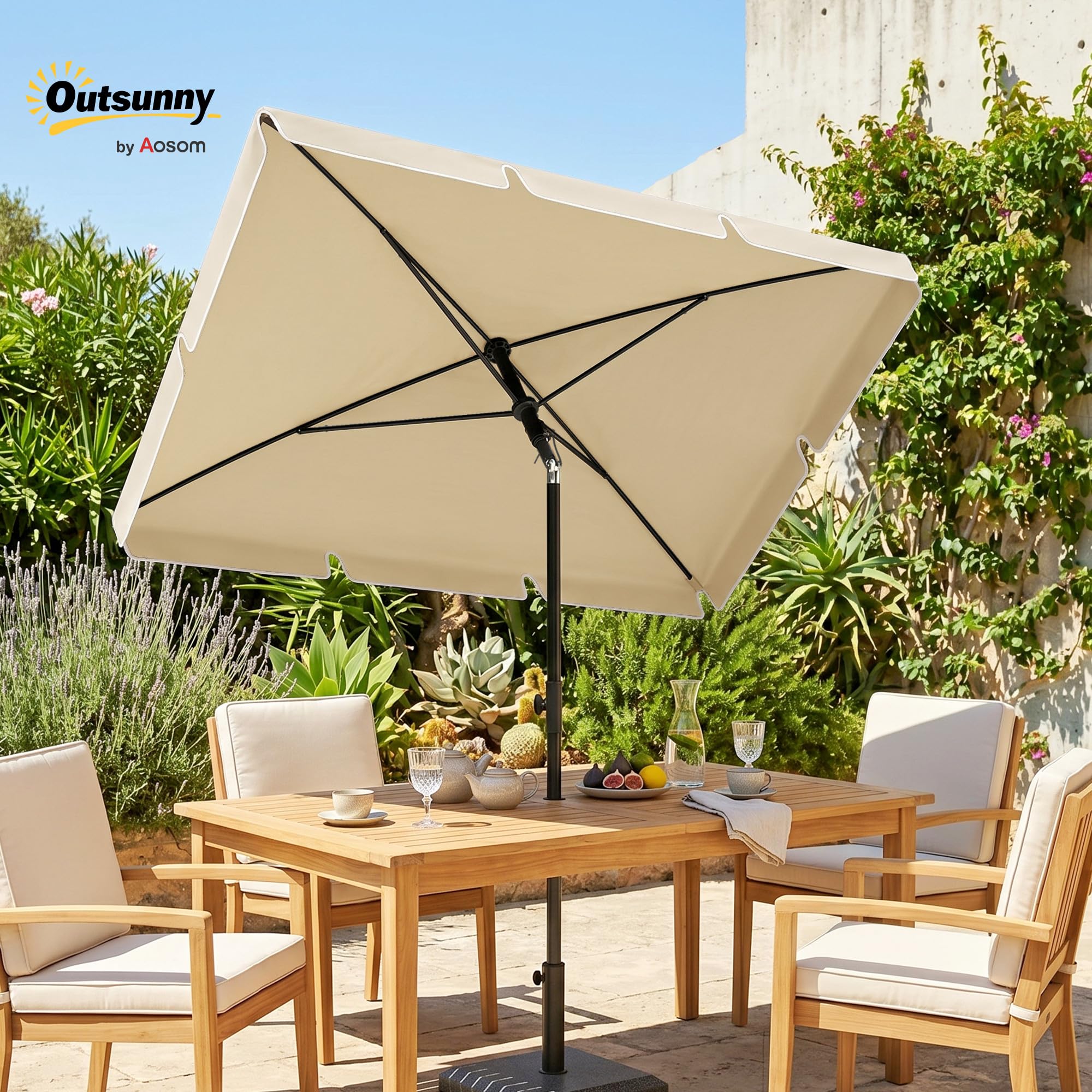 Outsunny Ombrellone da Giardino 2x1,3m Inclinabile con Bordi Arruffati, 4 Stecche in Alluminio e Poliestere 160g/m²