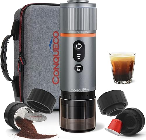 CONQUECO Máquina de café espresso portátil de viaje cafetera de coche de 12 V con batería para acampar - pequeña eléctrica - Calefacción de 2.5