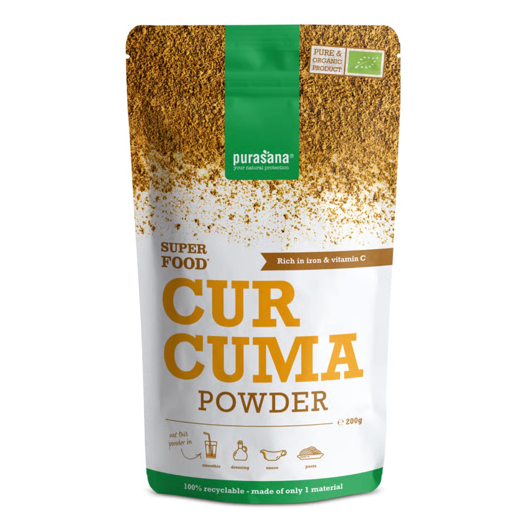 Purasana Curcuma Raw Powder, 200g Organic Superfood, Rich in Curcumin, Anti-Inflammatory & Antioxidant, Vegan, Additive-Free, BIO Certified