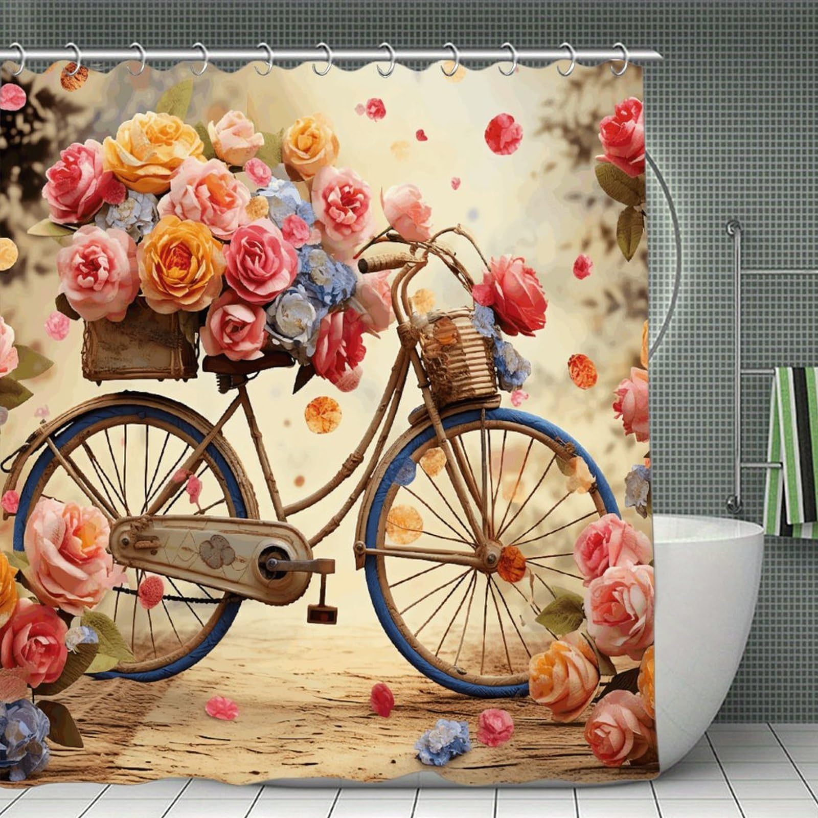 VstaDank Flower Bicycle Bath Curtain Elegant Heavy Duty Shower Curtains 70x70 in Rustic Farmhouse Cloth Shower Curtains Neutral Modern Bath Curtain for Bathroom