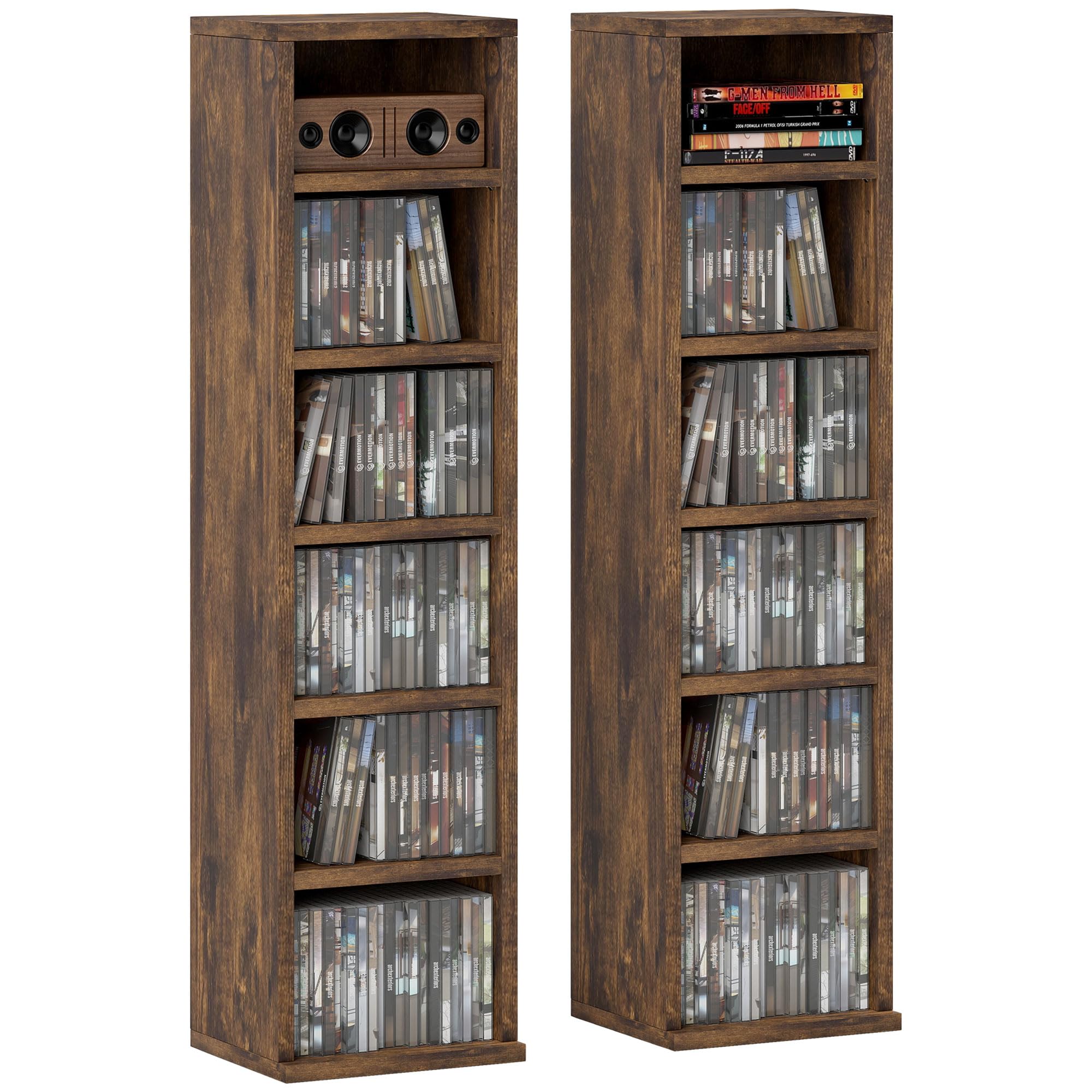 HOMCOM 204 CD Media Display Shelf Unit Set of 2 Blu-Ray Tower Rack w/Adjustable Shelves Bookcase Storage Organiser, Rustic Brown