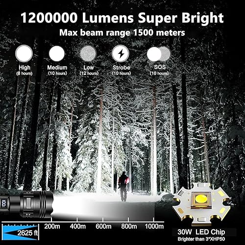 Miniatura 2 de Linternas recargables de 300000 lúmenes altos, 4,921.3 ft de largo haz LED de mano, linterna táctica súper brillante con pantalla de alimentación y