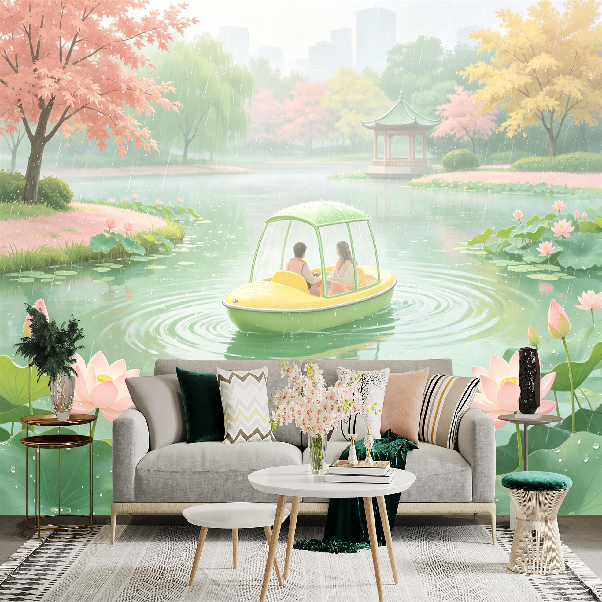 Custom Size Wall Sticker Mural， Couple Boating in Rain， Peaceful Lotus Pond， Traditional Pavilion， Spring Garden Scenery， for wall Decoration， peelandstick wall Decals.