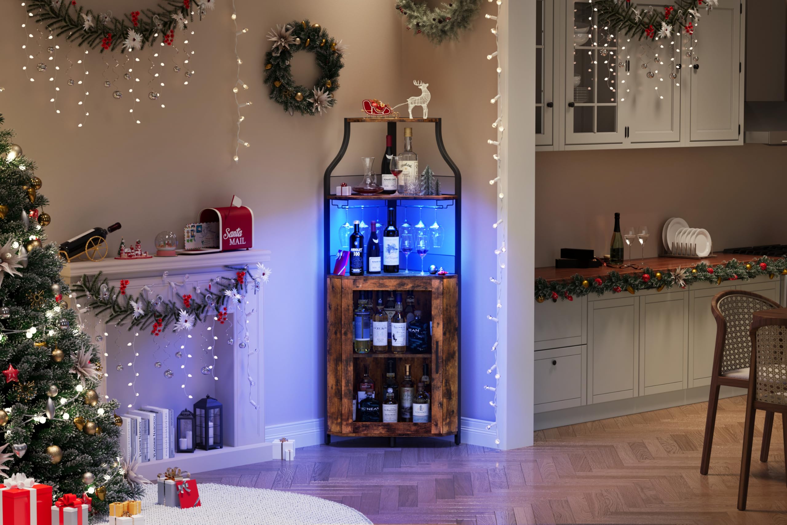 Garvee Armario de Vino Esquinero con Luces LED, Mueble Bar Industrial de 5 Niveles con Botellero y Porta Copas, Estantería para Vinos con Puerta de Malla para Salón y Comedor, Marrón Rústico