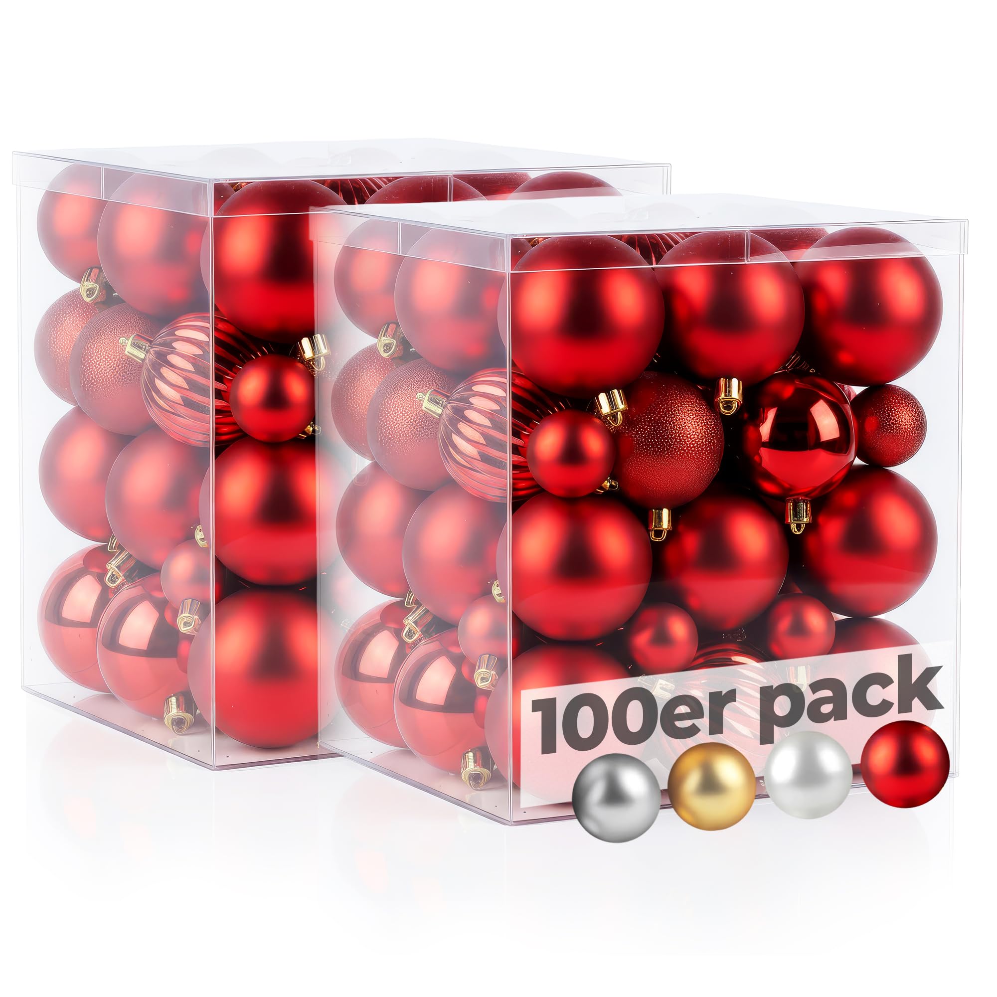 Menz Lot de 100 Boules de Noël Rouges Brillantes Mates Scintillantes