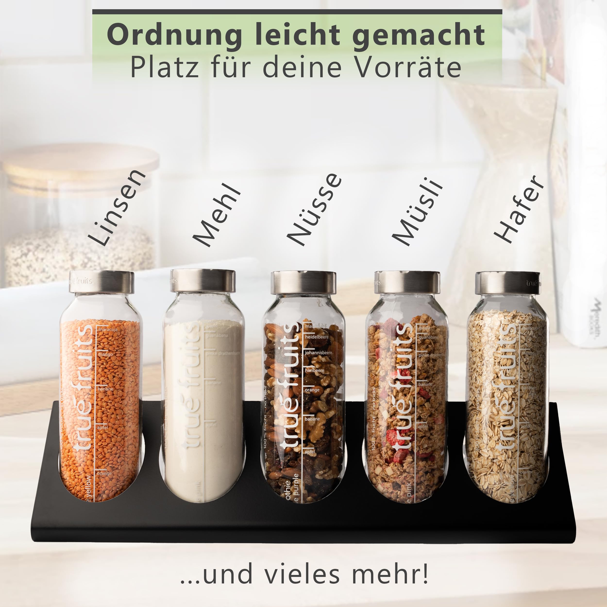 Flaschenregal und Küchenorganizer - Echtholz Eiche/Walnuss, für 3 oder 5 true fruits Flaschen, Wandmontage Gewürzregal, Küchenaufbewahrung, Küchenregal, Made in Germany (Eiche, für 5 Flaschen)