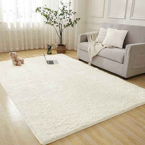 Andency 4x6 Shag Area Rug for Living Room, Cream Soft Fuzzy Plush Indoor Carpets for Bedroom, Non Skid Fluffy Faux Fur Rug for Nursery Kids Boys Girls Room