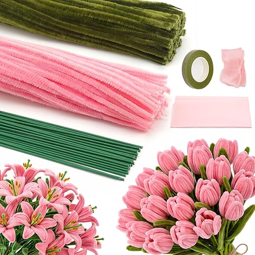 iCraftine Pipe Cleaners Flower Kit for Valentine's Day, Wedding and Home Decoration, Including Pink and Green Chenille Stems, Flower Poles, Gardening Tape, Ribbon for Making Flowers