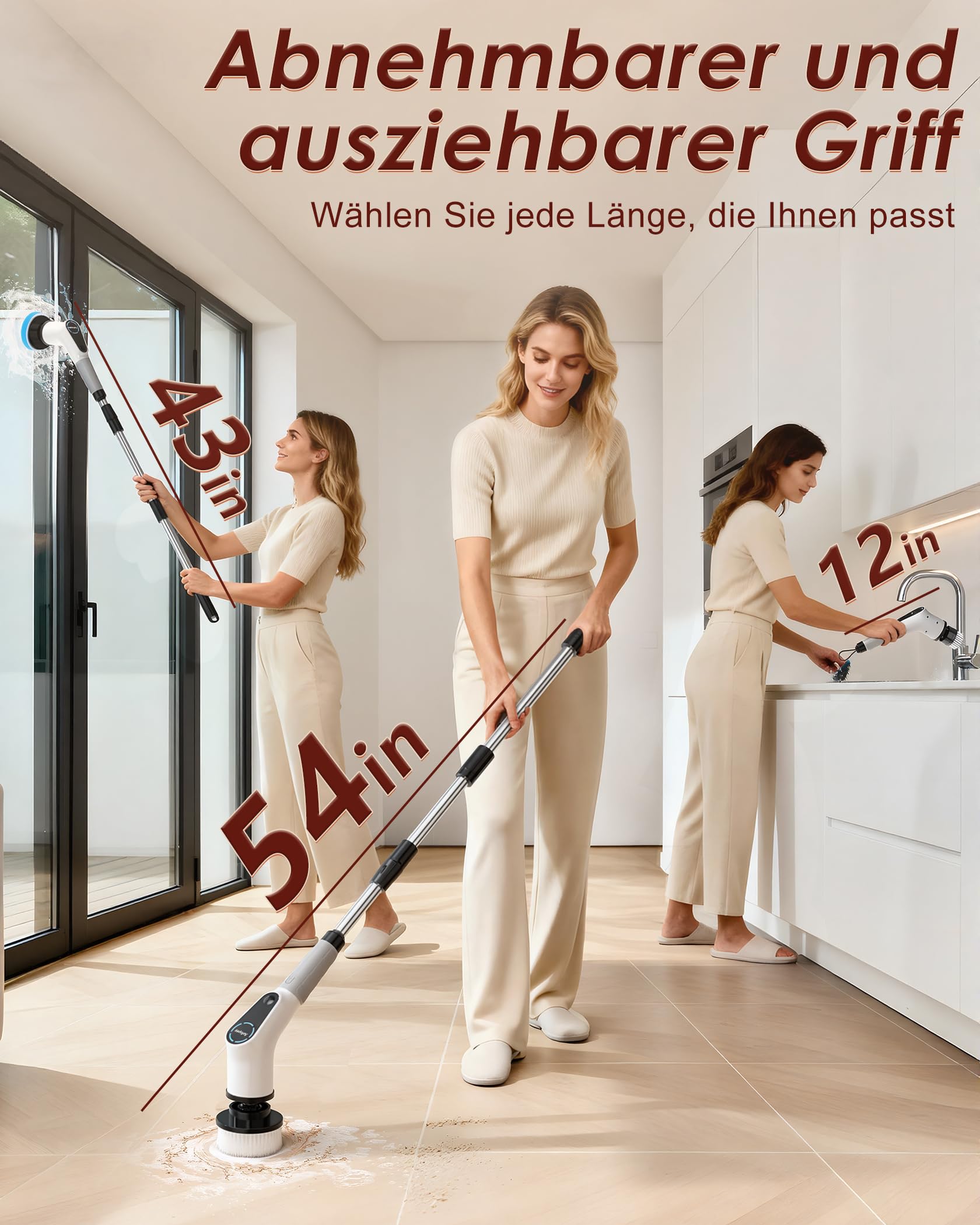 Elektrische Reinigungsbürste, 8 in 1 Electric Cleaning Brush mit austauschbaren Bohrbürstenköpfen, Wanne mopSet, Elektrische Putzbürste mit Verstellbarem Griff für Bad Küche Auto Fußboden