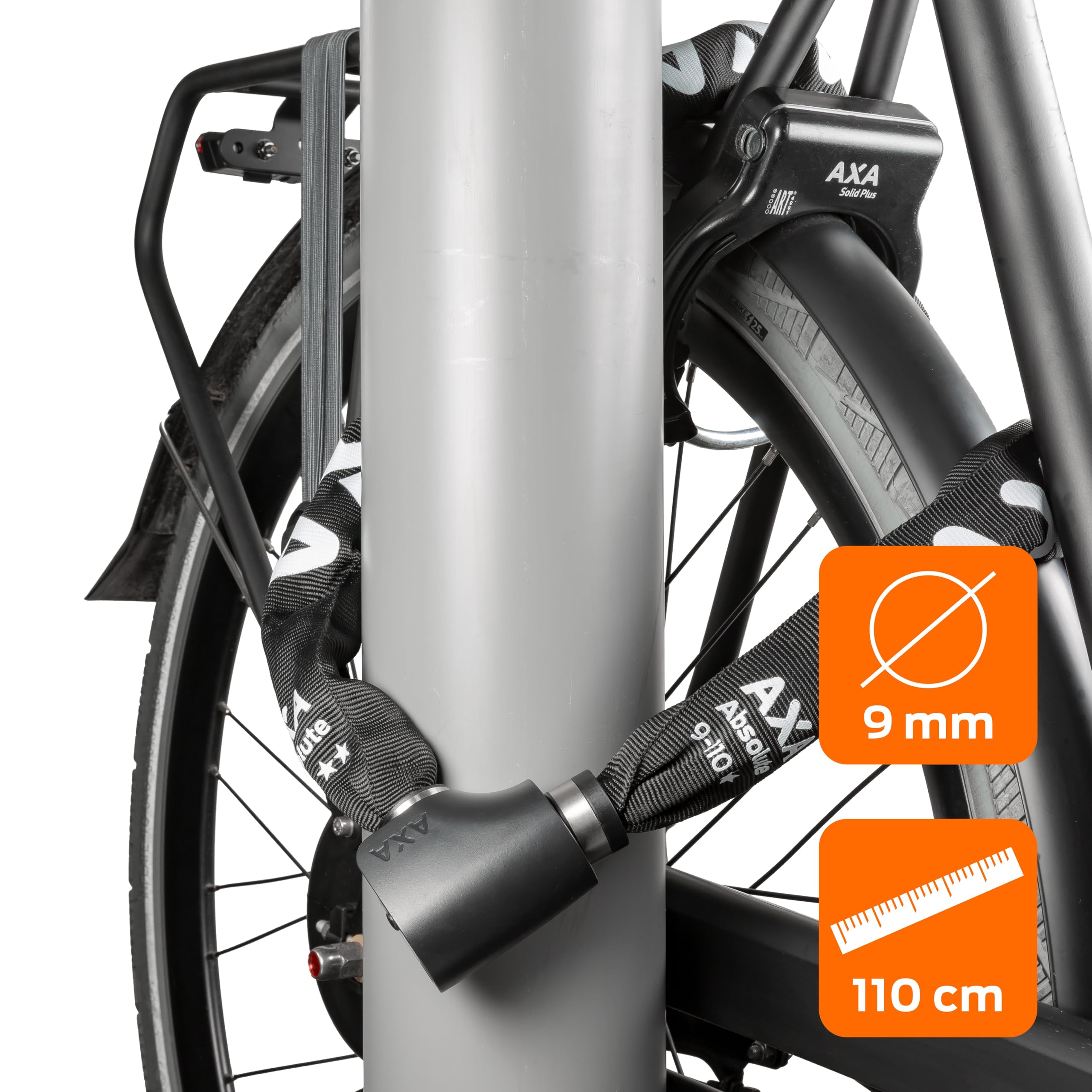 AXA Absolute 9-110 Kettenschloss, Länge 110 cm, Sicherheitsstufe 14, Stahlglieder 9 mm, Schwarze Schutzhülle, Schwarz