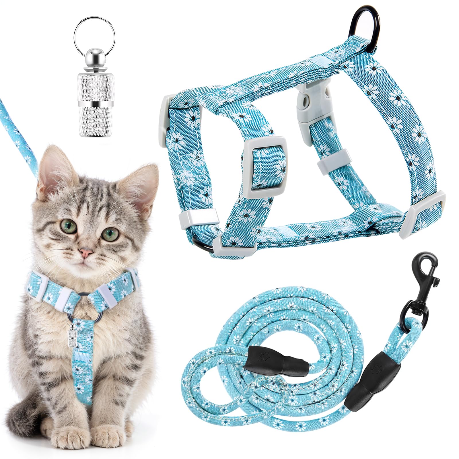 Cat Harness and Leash Set, Lovely Floral Kitten Harnesses with Pet Anti-Lost Pendant, Adjustable Escape Proof Cat Harness, Use Easy Walking Travel Kitten Carrier Cats