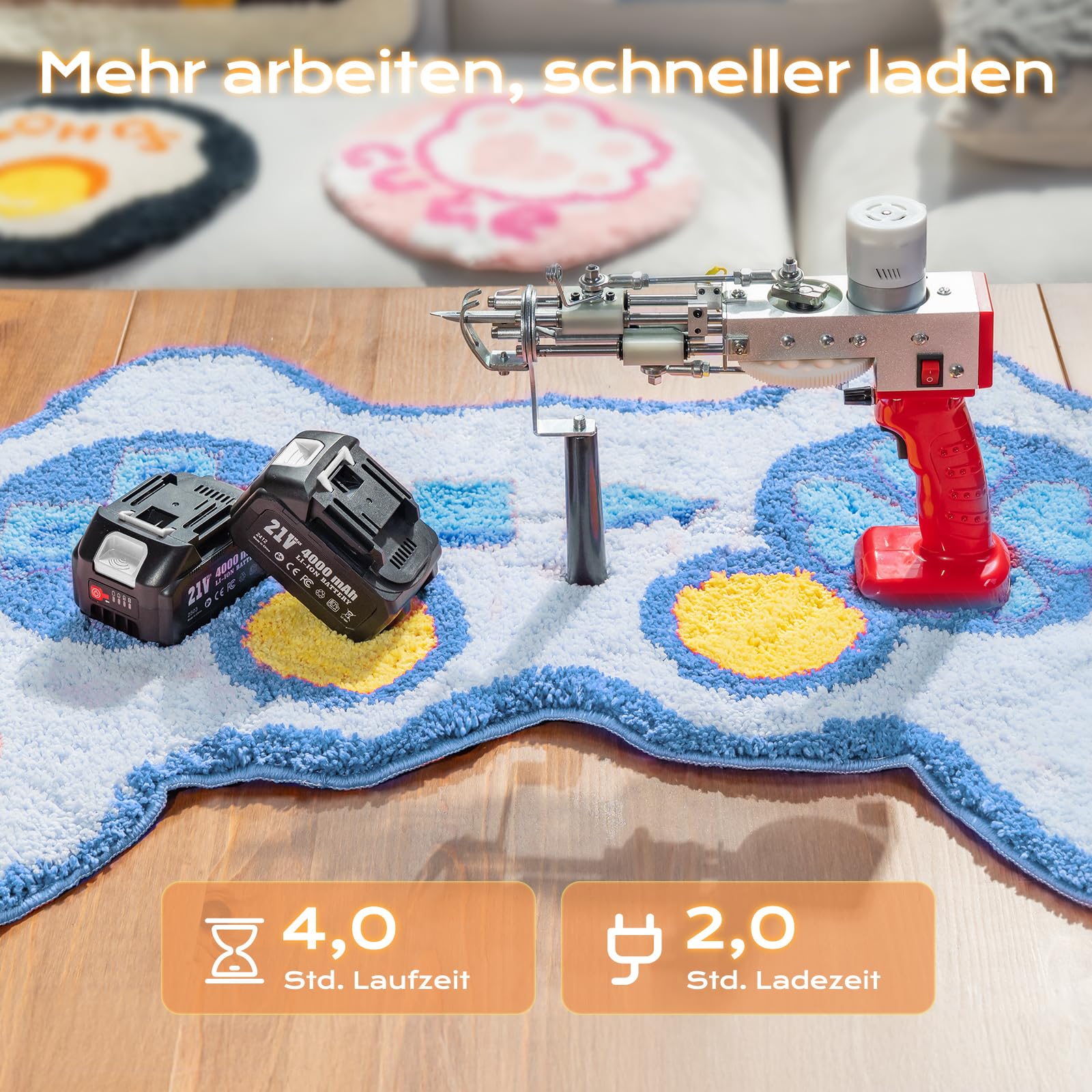 BESGEER Akku-Teppich-Tufting-Pistole mit Teppichschneide-Set, Tufting Gun Starter Kit inkl. 2 Stück 4,0Ah Batterien, 2-in-1-Tufting Kit Complete für Schnitt- und Schlingflor