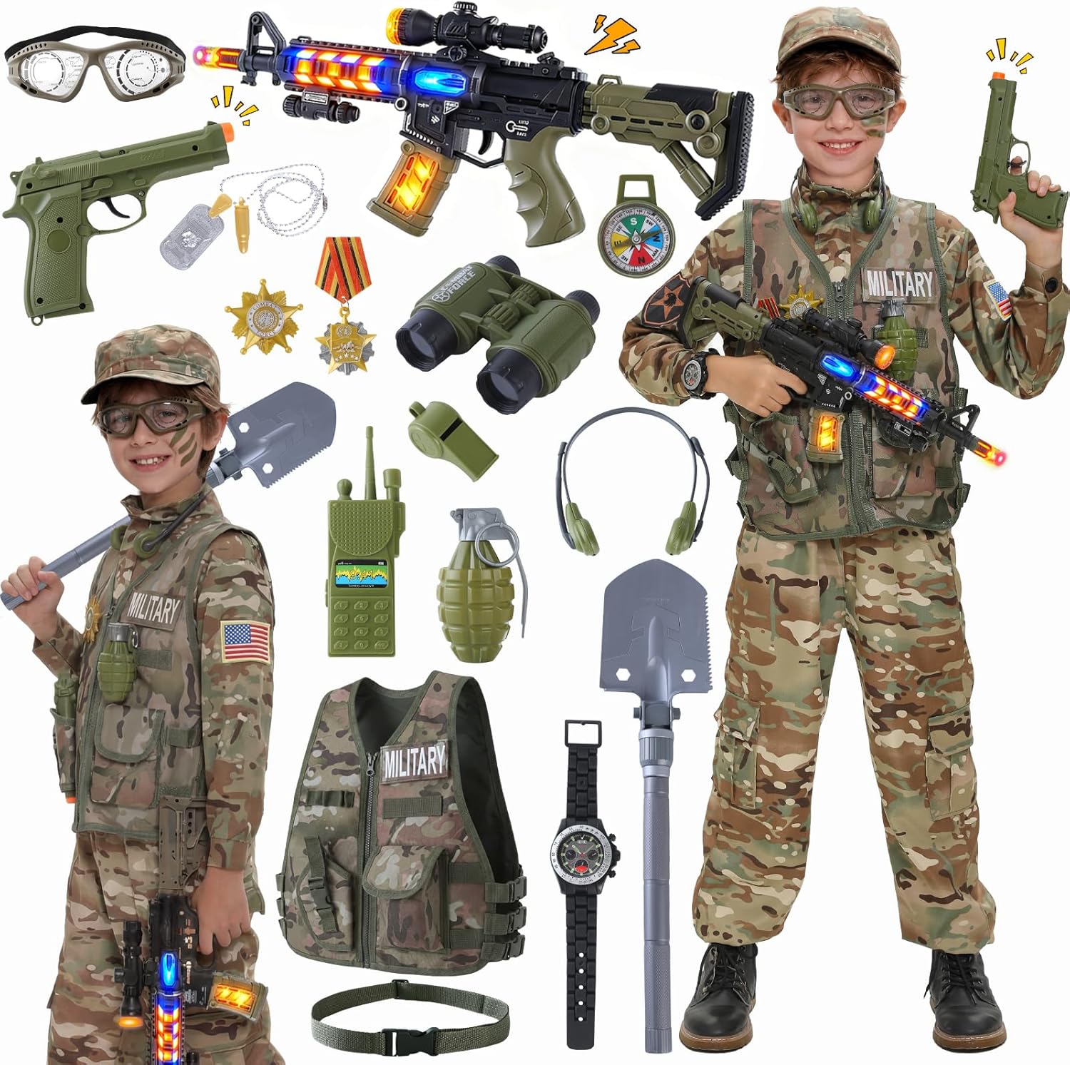 19PCS Kids Army Costume for Boys,Soldier Dress up Costumes,Military Toys, Halloween Costumes for kids 3-12