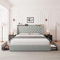 Vista 3 de Feonase - Base de cama tamaño Queen con 4 cajones de almacenamiento, cama tapizada con estación de carga, cabecera tapizada con respaldo abatido,