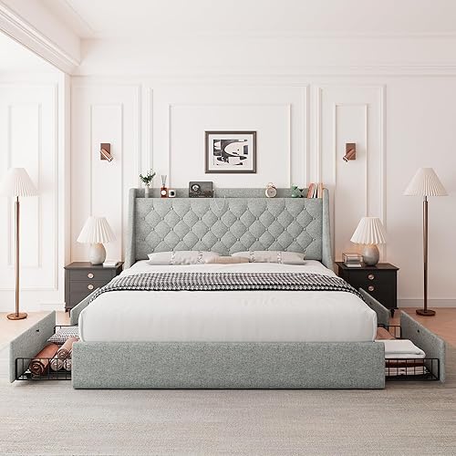 Miniatura 3 de Feonase - Base de cama tamaño Queen con 4 cajones de almacenamiento, cama tapizada con estación de carga, cabecera tapizada con respaldo abatido, no