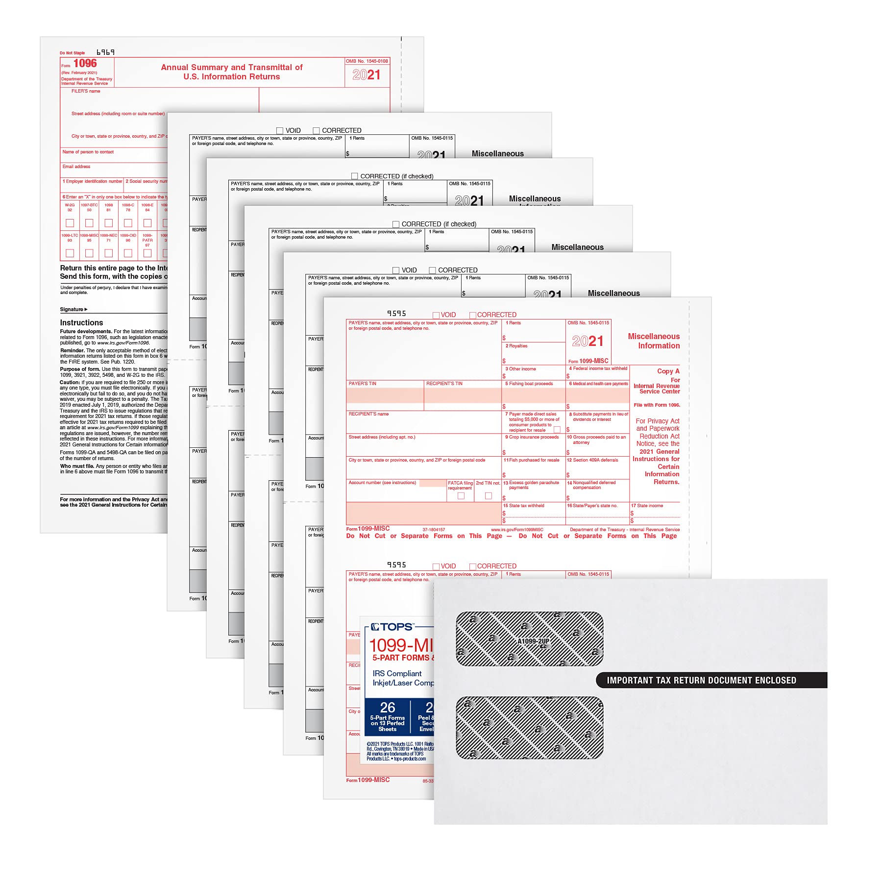 TOPS 1099 MISC 2 Up Forms 2021, Tax Forms Kit for 26 Recipients, 5 Part MISC Tax Form Sets with Self Seal 1099 Envelopes and 3 1096 (TX22905KIT-MI21) - Pack of 1