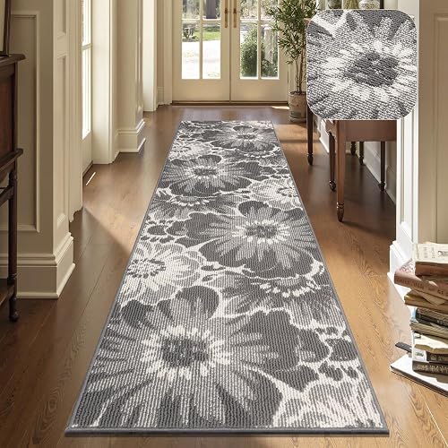 Findosom 2x8 High-Low Textured Floral Runner Gray