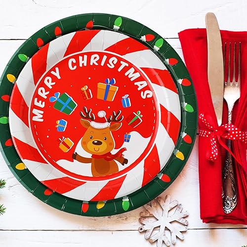 Miniatura 5 de 100 platos de papel de Navidad, redondos, desechables, suministros de fiesta de Navidad con colorido diseño de árbol de Papá Noel, alce, muñeco de