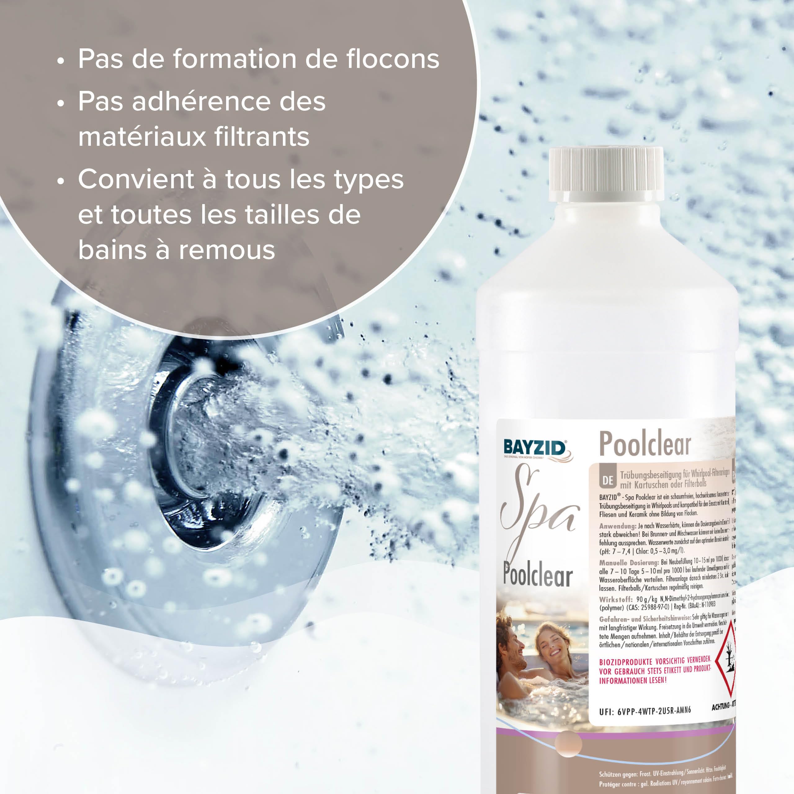 Bayzid SPA 6 x 1 L Clarifiant - Eau Claire et Brillante - Action Rapide | Clarifiant Anti-Turbidité pour Spa et Petite Piscine - Compatible Filtres Cartouche et Boules Filtrantes - Dosage Économique