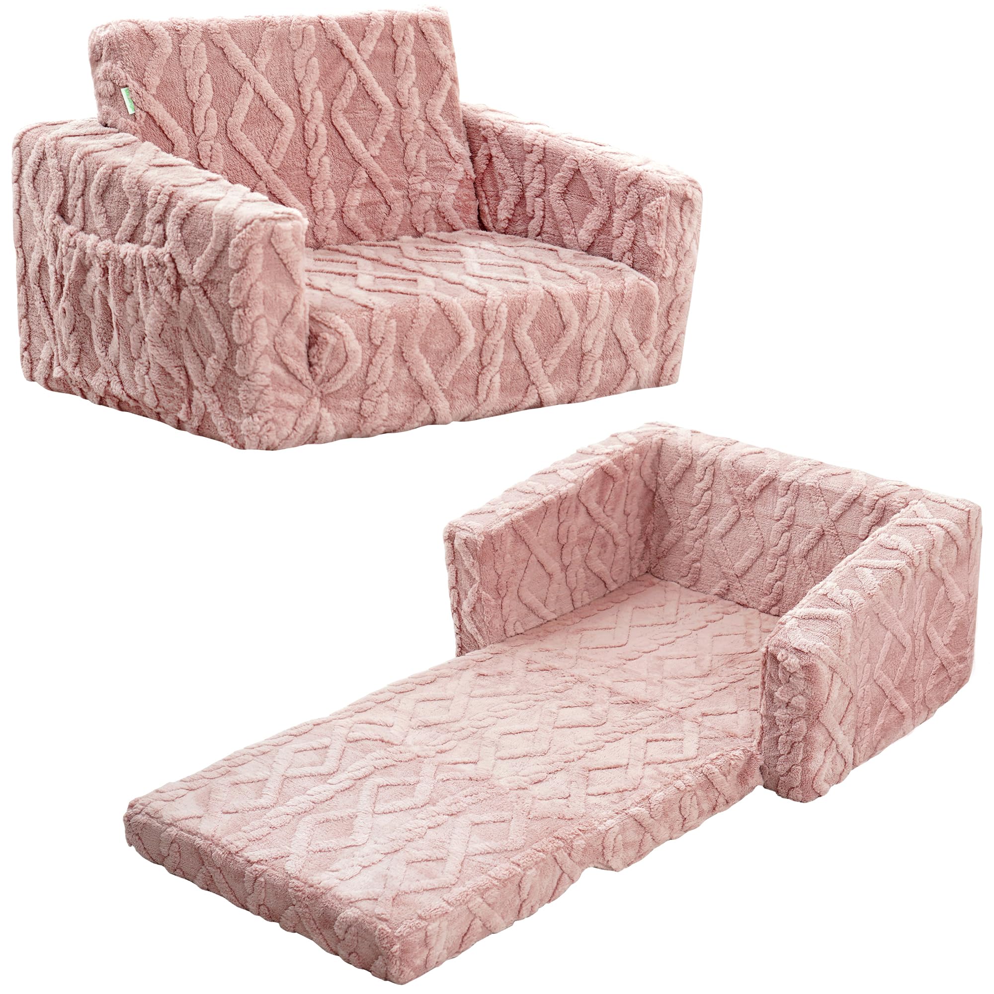Sofá y tumbona plegable 2 en 1 para niños, silla convertible de franela suave, sofá abierto para niños (rosa)