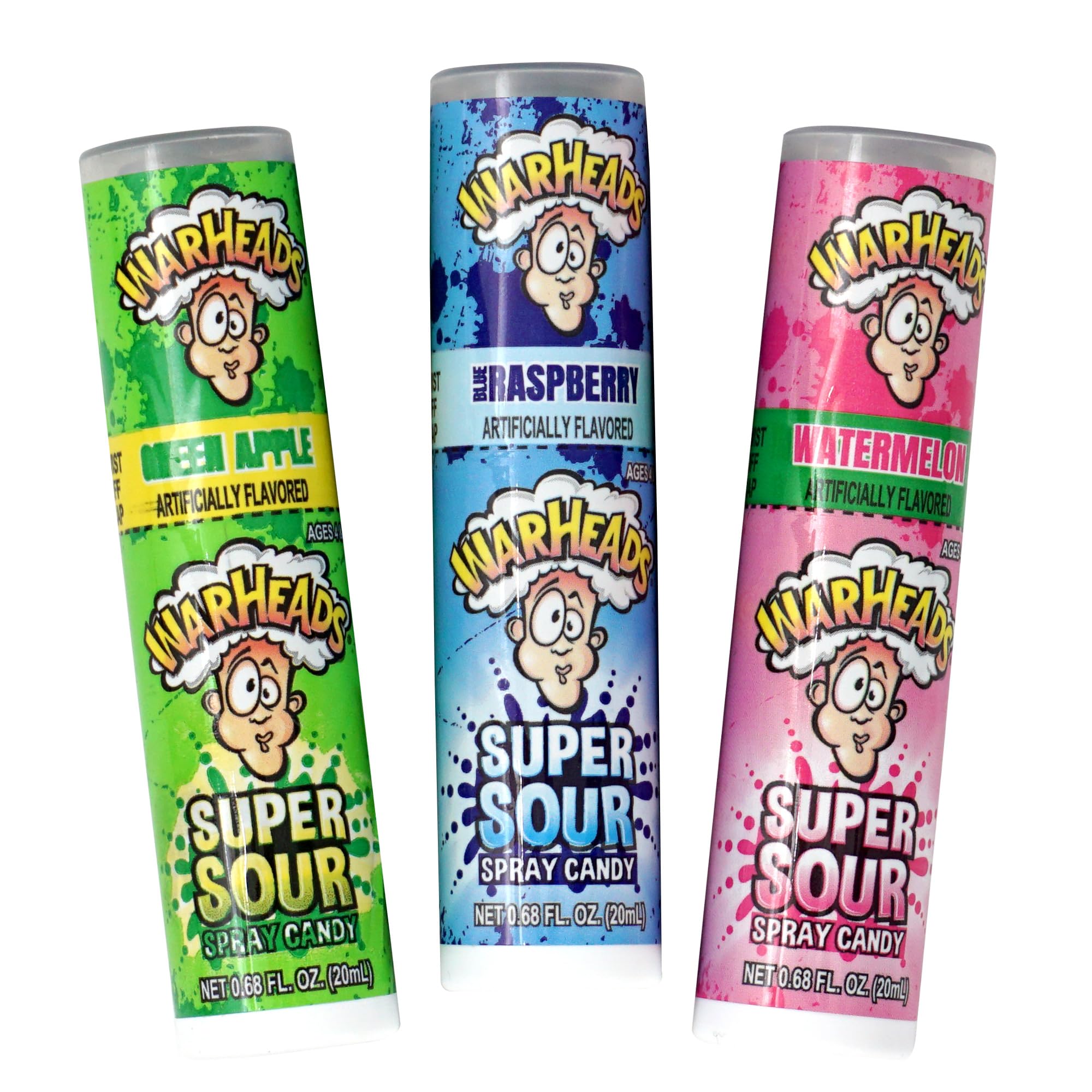 WarheadsSuper Sour Spray Candy, 0.68 Ounce Each (Pack of 3 Flavors) Green Apple, Blue Raspberry, Watermelon