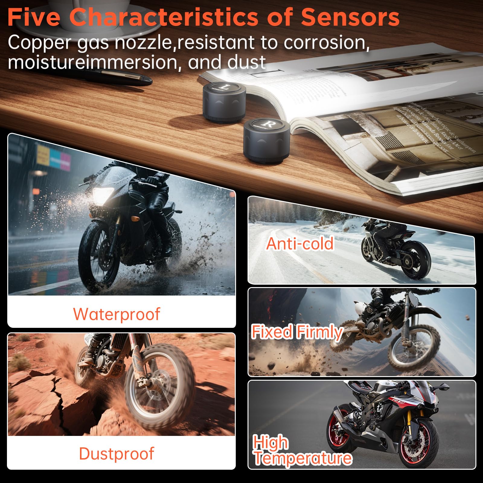 Sistema di controllo della pressione dei pneumatici con app, TPMS per moto con 2 sensori esterni, rilevatore di pressione e temperatura dei pneumatici senza fili, 0,1-7BAR/10-100PSI, supporta
