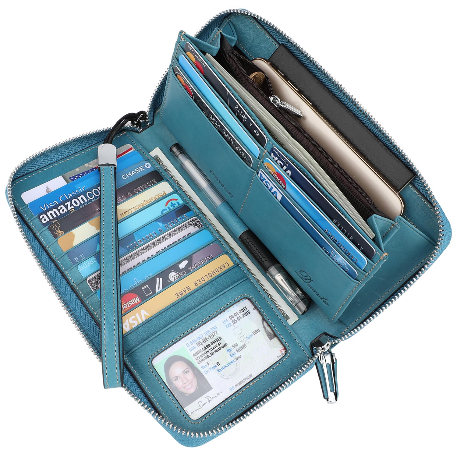 Lavemi Damen RFID-Blockierendes Leder Große Kapazität Reißverschluss Around Geldbörse Clutch Reise Geldbörse mit Handschlaufe, 2. Dunkles Rosa, Einheitsgröße, RFID-Brieftasche