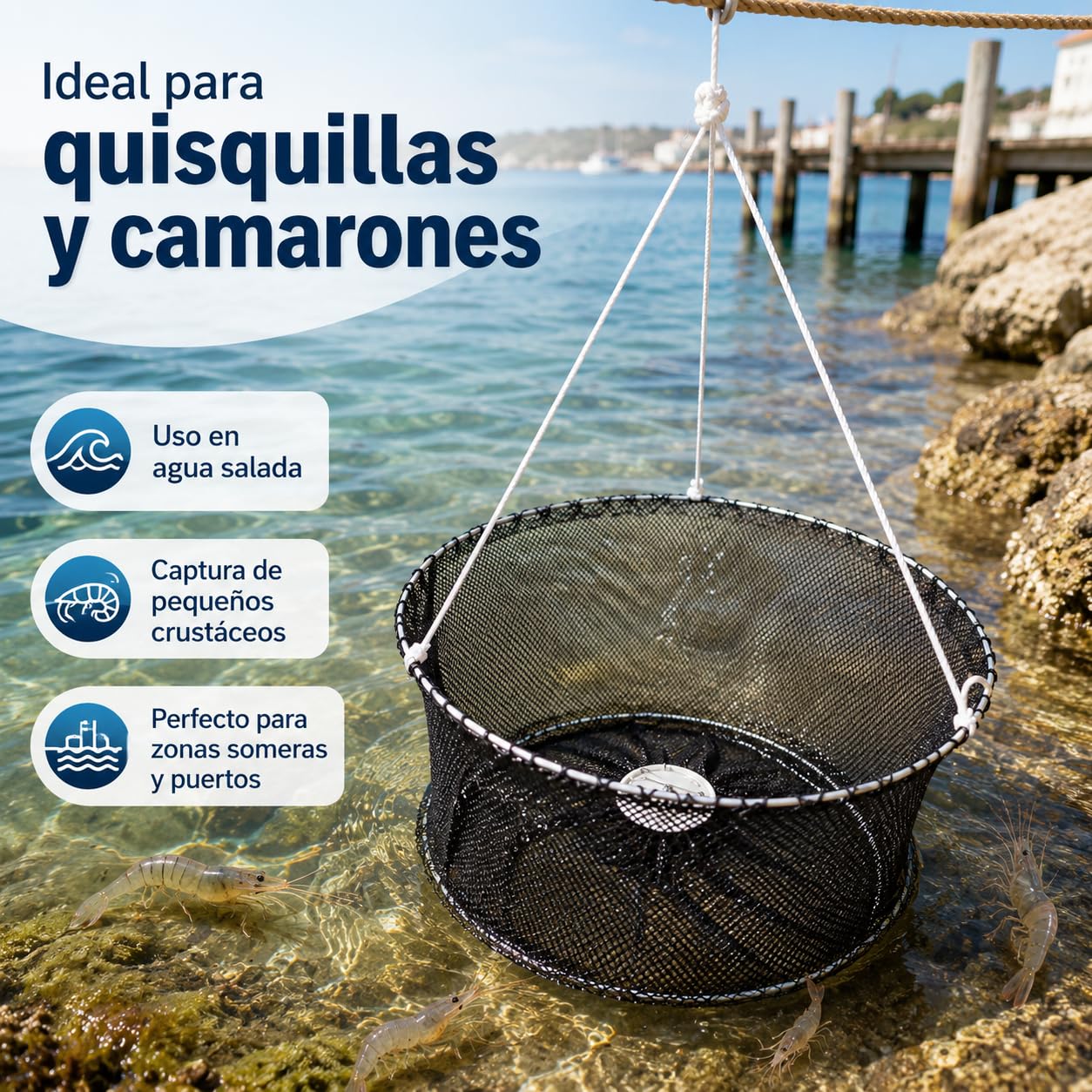 Pack 4 Reteles para Quisquillas y Camarones de Agua Salada | Doble Aro Metálico de 40 cm con Lastre e Imperdible malla 4 mm Agua Salada