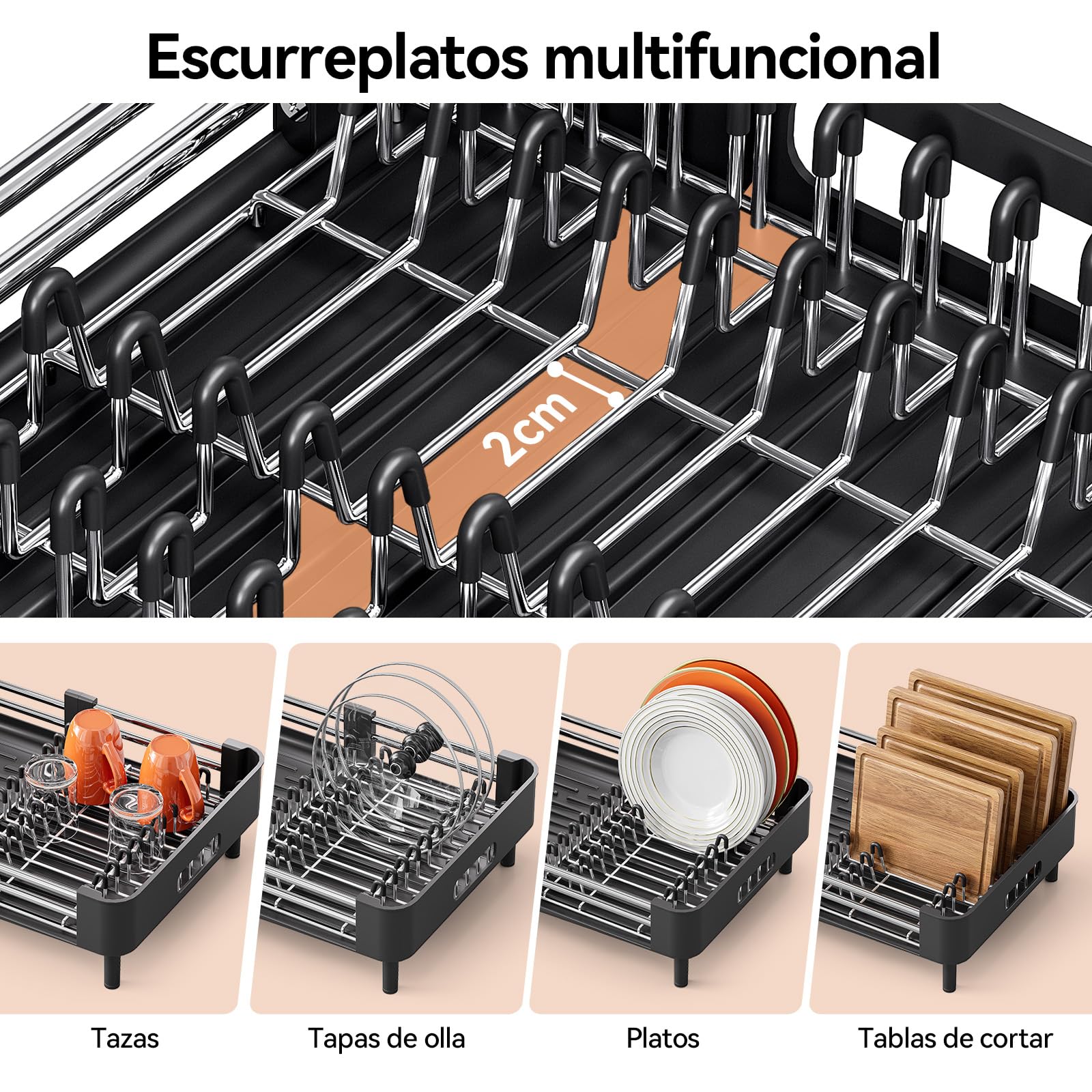 Urackify Escurreplatos extensible | Plegable, acero inoxidable, soporte para cubiertos extraíble, soporte para platos resistente a los arañazos