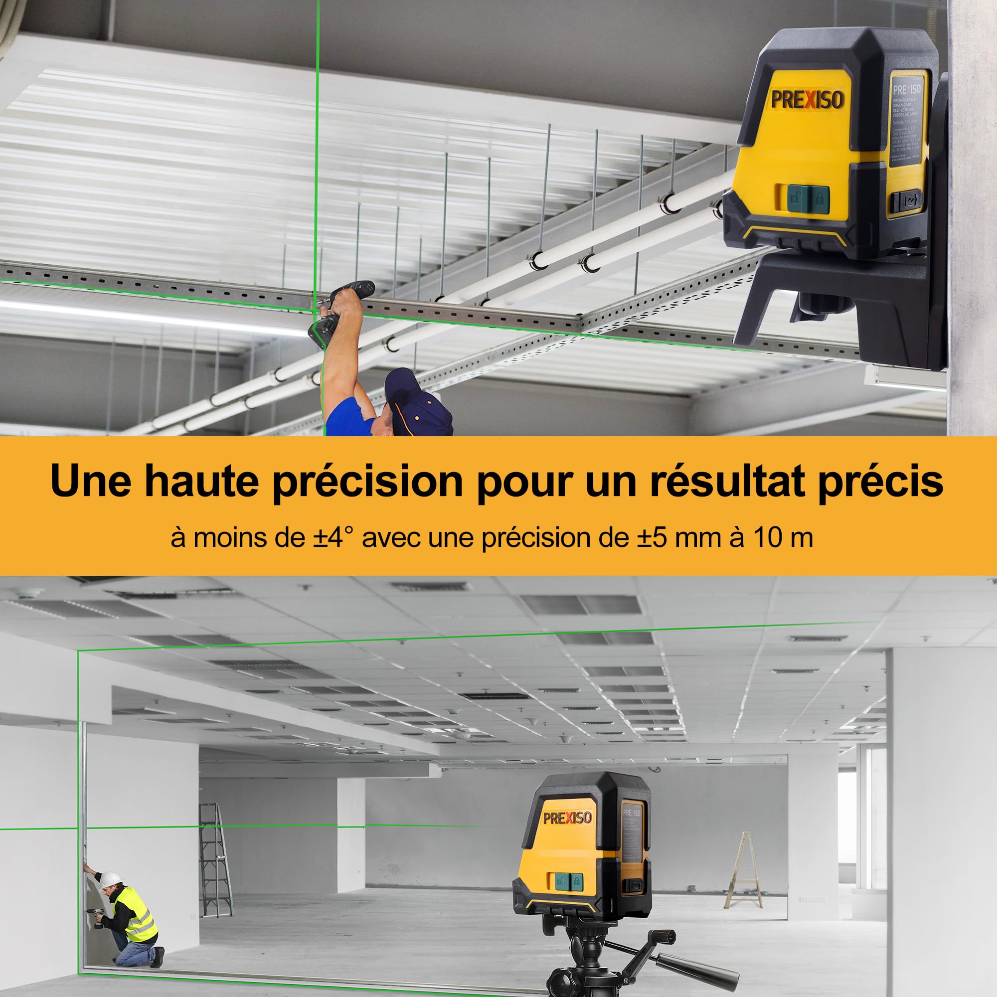 PREXISO Niveau Laser 360° Autonivelant avec Trépied | Horizontal/Croix/Vertical Niveau Laser Vert, Rechargeable, Distance de Travail 30 M, pour Construction, Carrelage, Rénovation